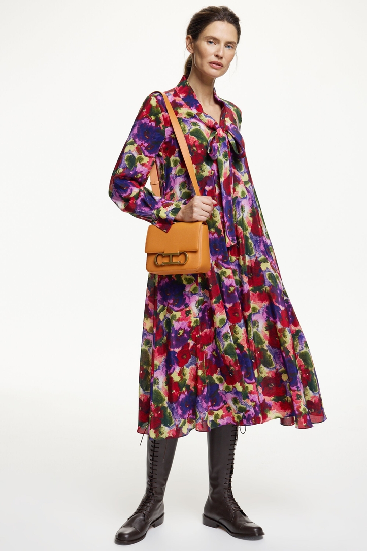 Flowery print crepe de chine A-line dress