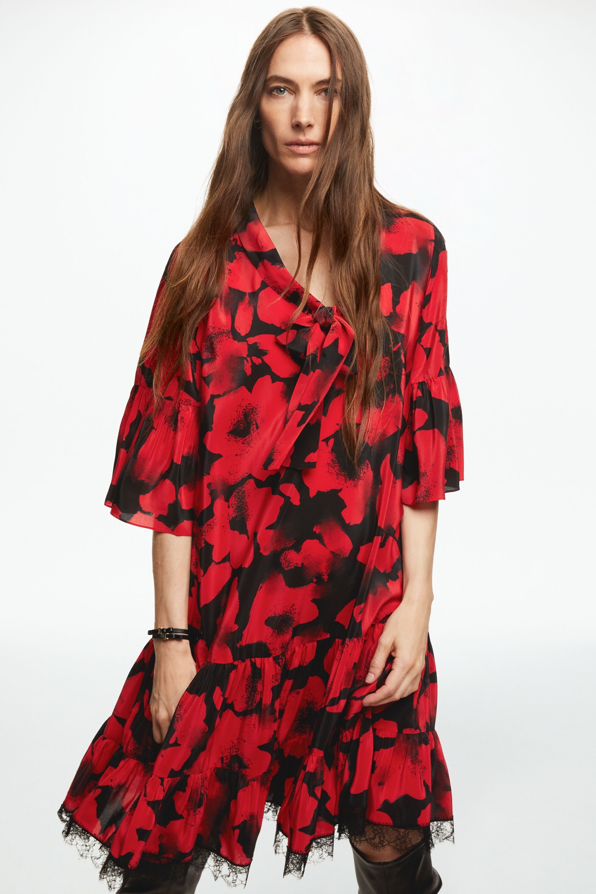 Arty Flowers Print Crepe de Chine A-Line Dress