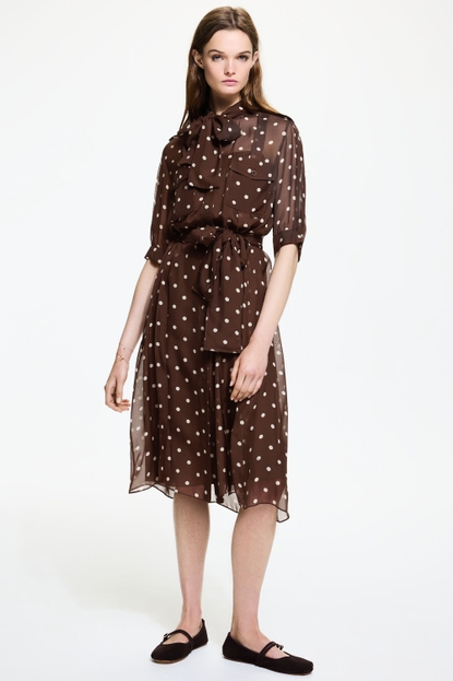 Polka dots print silk chiffon shirt dress