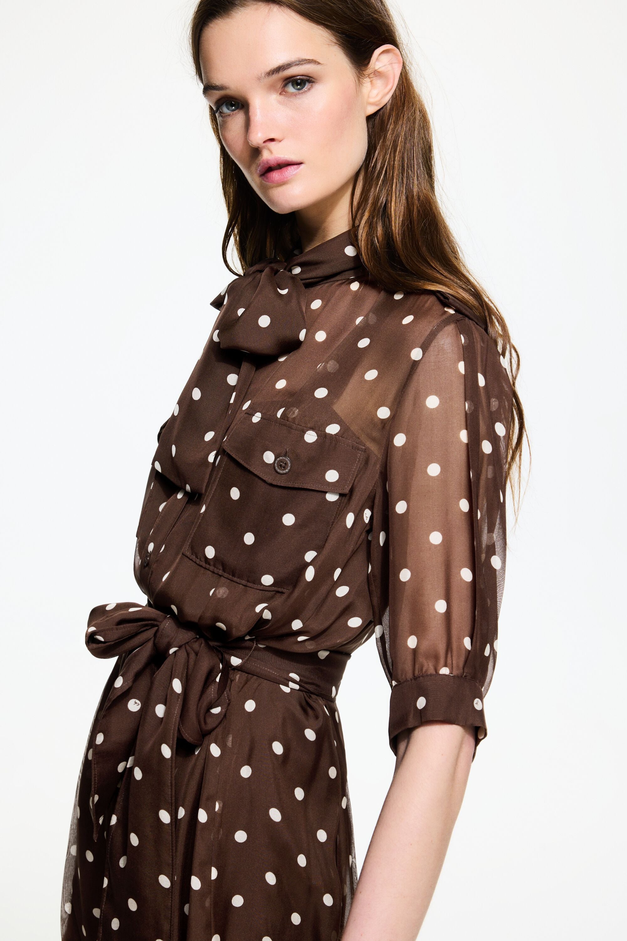 Polka dots print silk chiffon shirt dress brown ivory CH Carolina Herrera United States