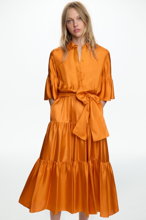 RUFFLED SILK TWILL SHIRT DRESS