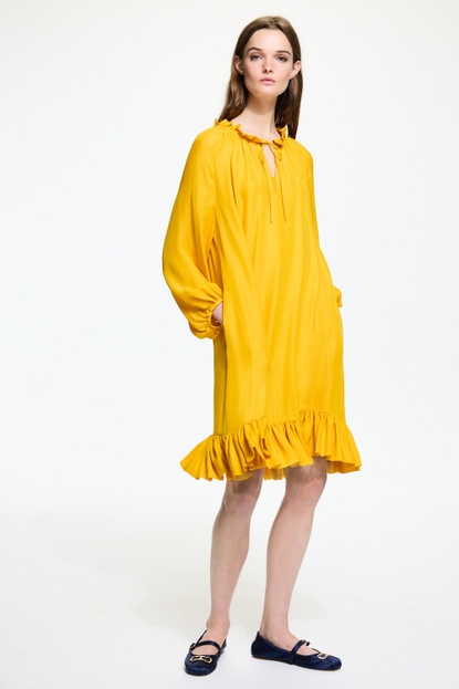 Silk A-line dress with gathered ruffles