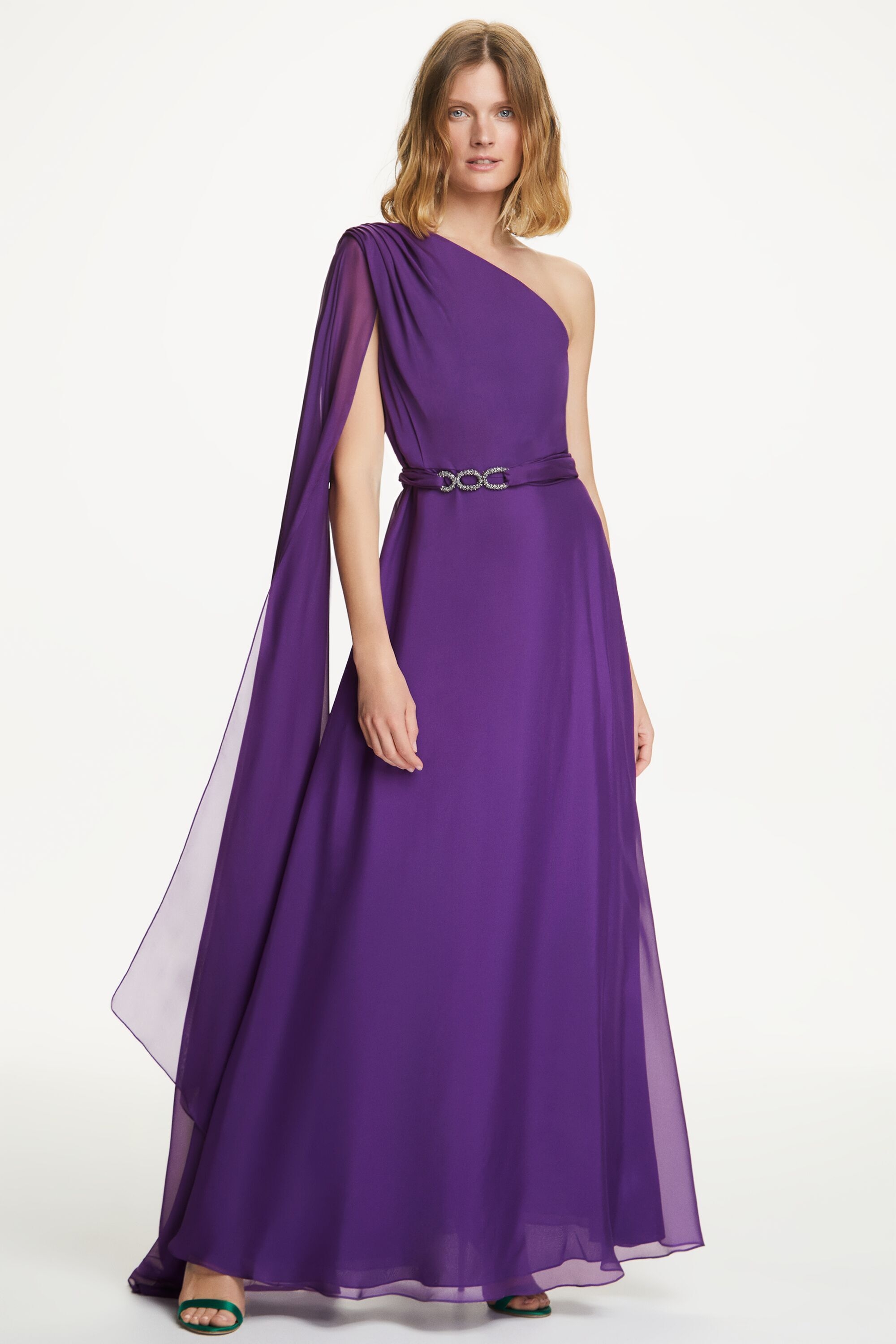 Silk chiffon asymmetric long dress with cape