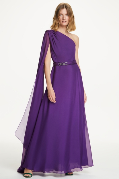 Silk chiffon asymmetric dress with cape