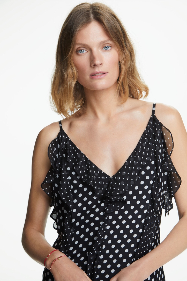 Vestido evasé de chiffon de seda lunares volantes