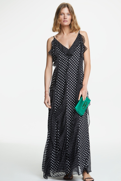 VESTIDO EVASÉ DE CHIFFON DE SEDA LUNARES VOLANTES