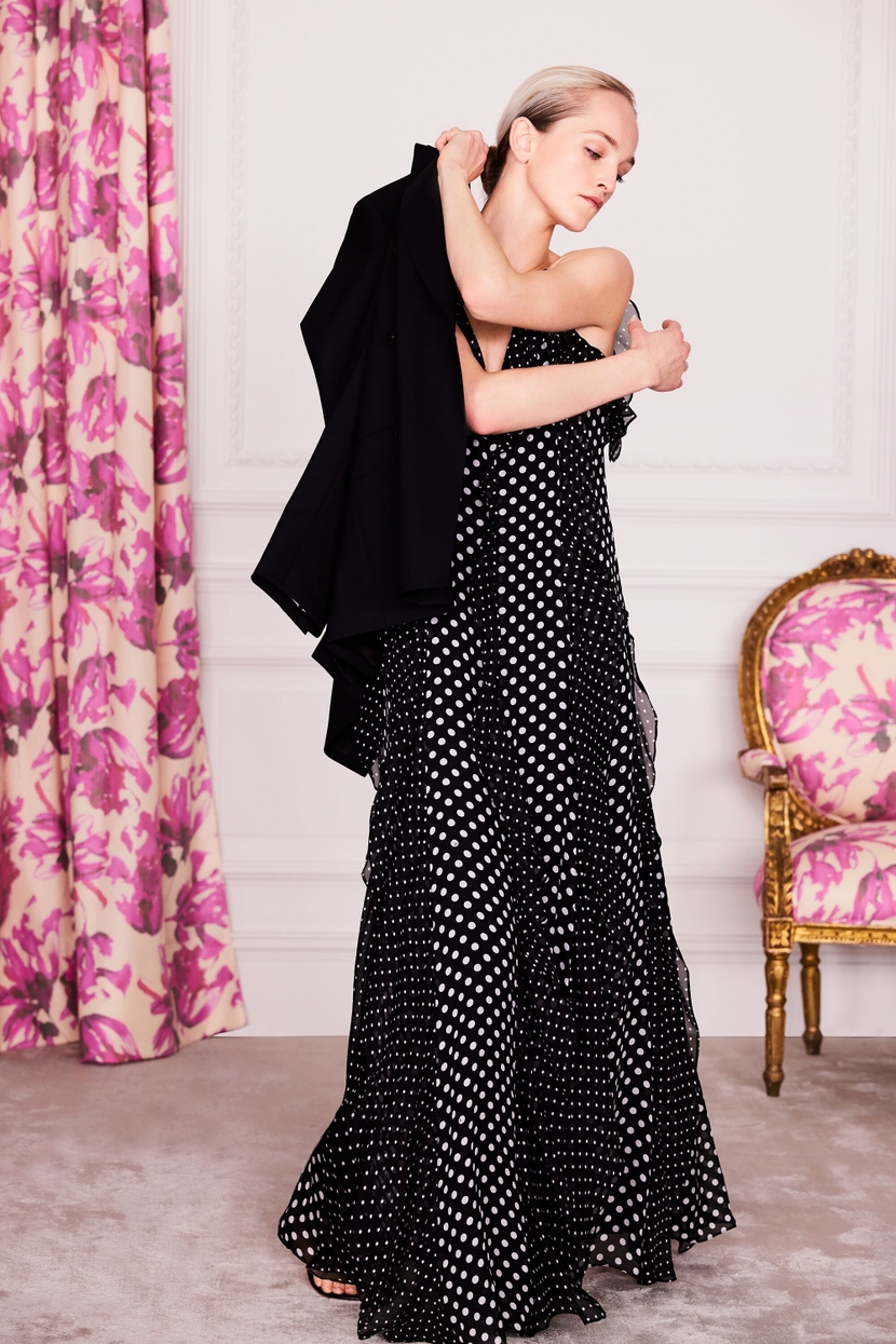Ruffled silk chiffon dress with polka dots