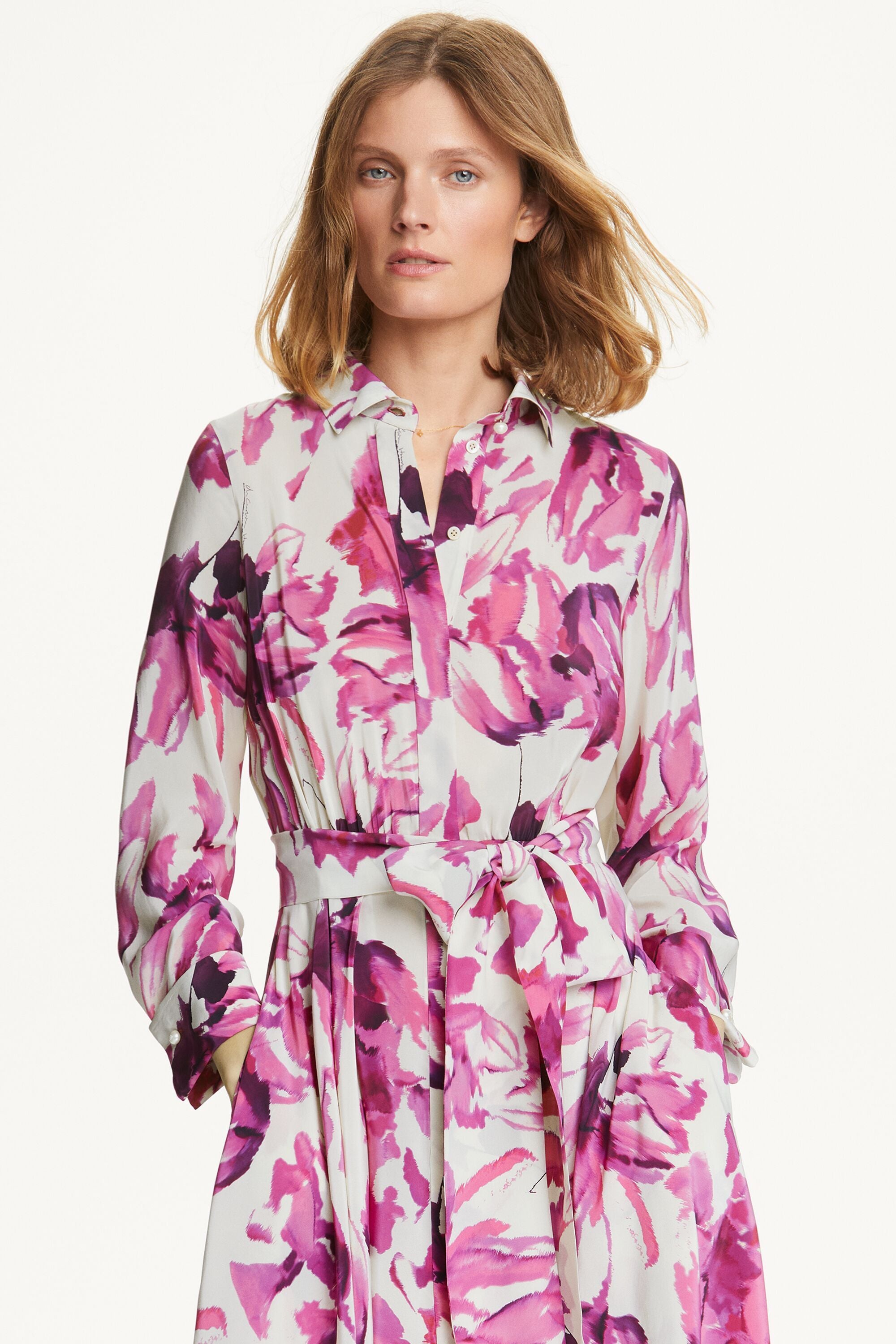 Print crepe de chine shirt dress ivory/fuchsia - CH Carolina Herrera United  States