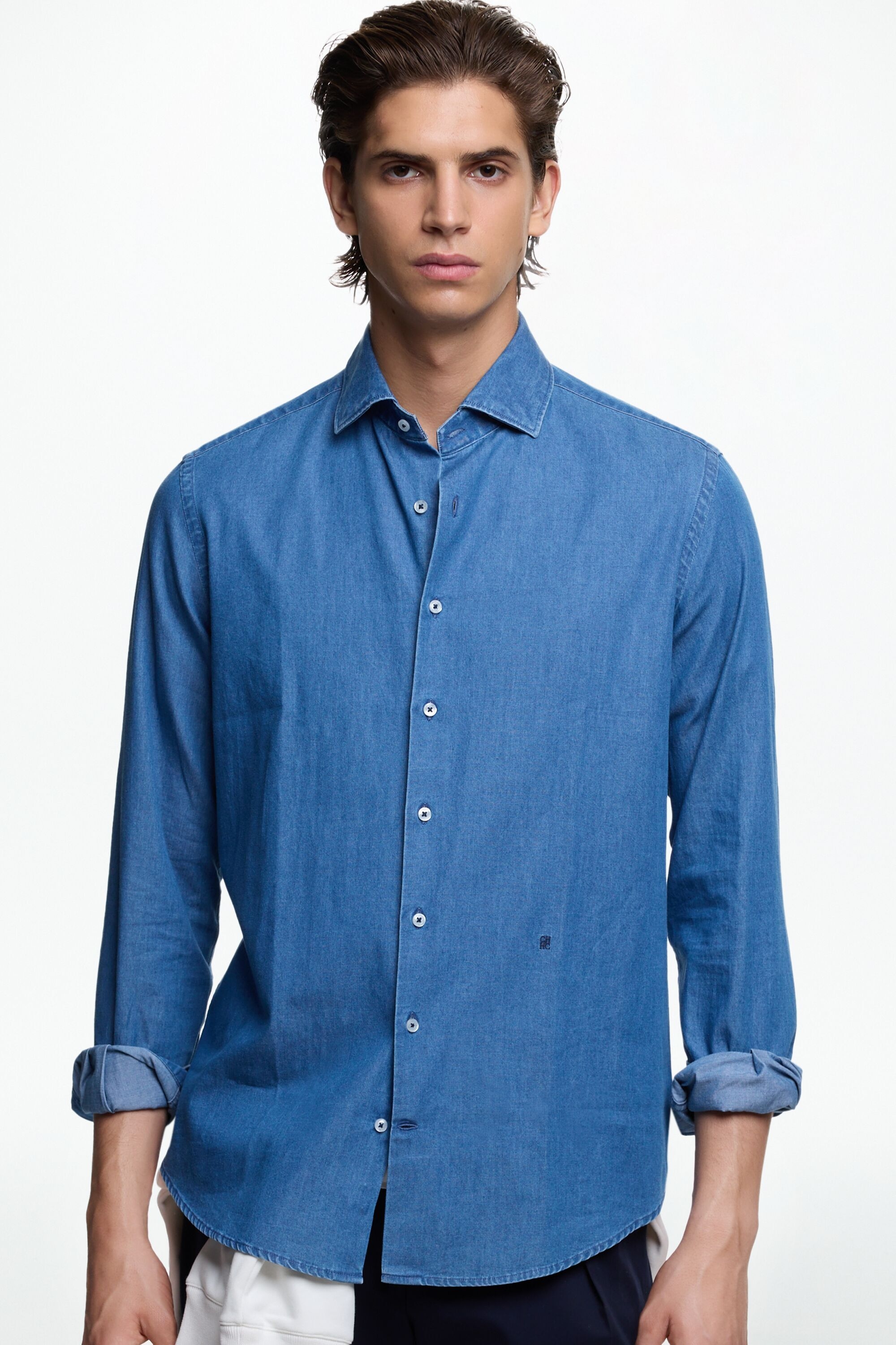 Denim Shirt with Spread Collar