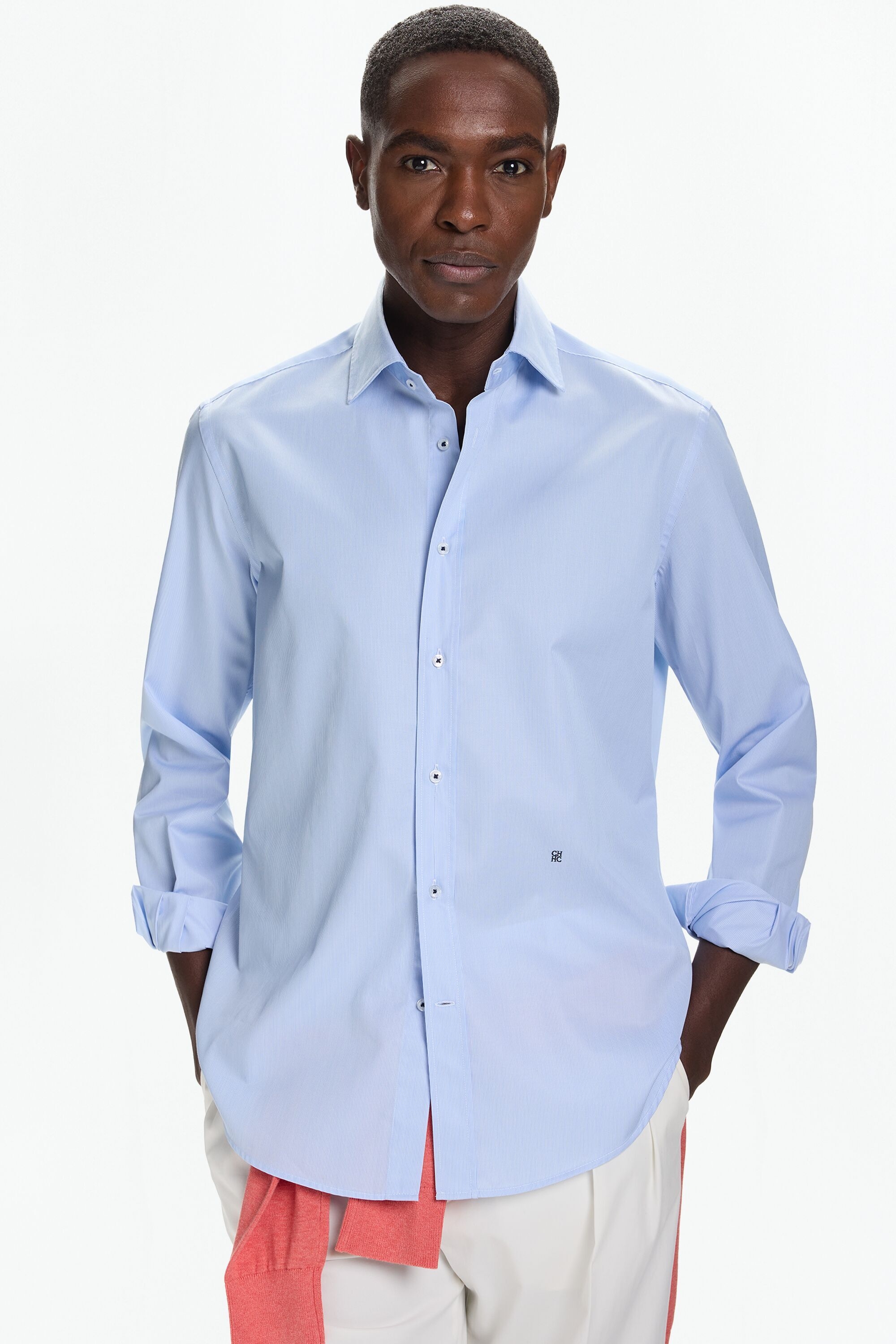 Camisa de Sarga de Mil Rayas Cuello Italiano