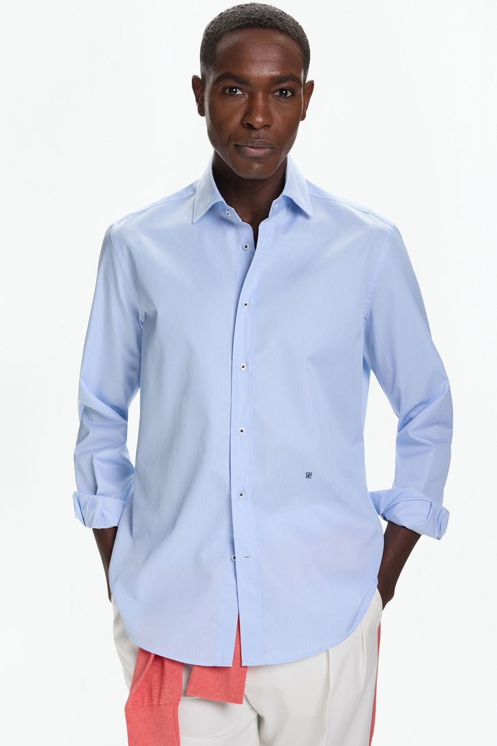 Camisa de Sarga de Mil Rayas Cuello Italiano