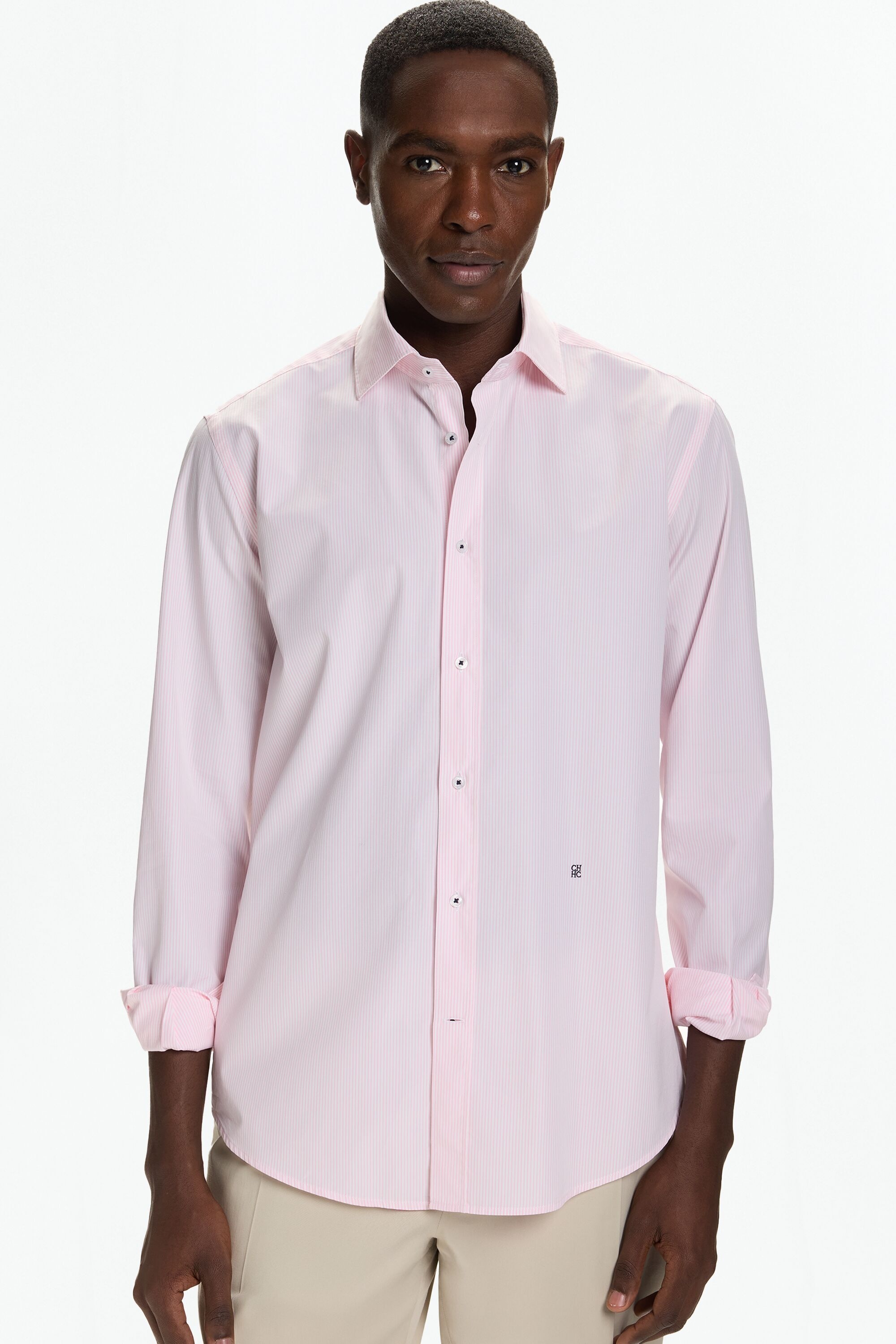 Pinstriped Poplin Shirt with Spread Collar