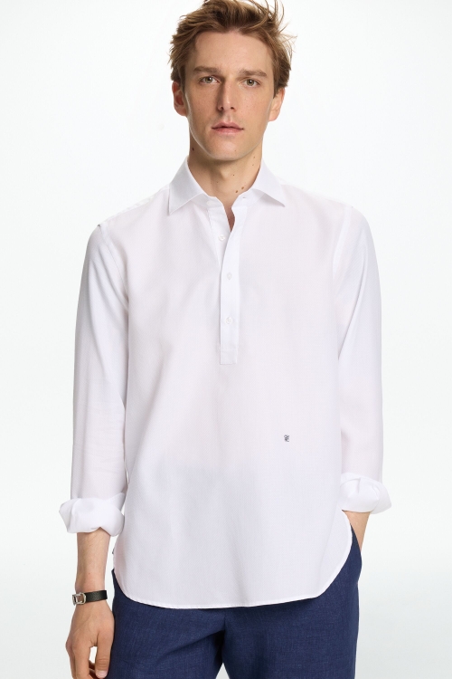 TEXTURED COTTON HALF-PLACKET SHIRT
