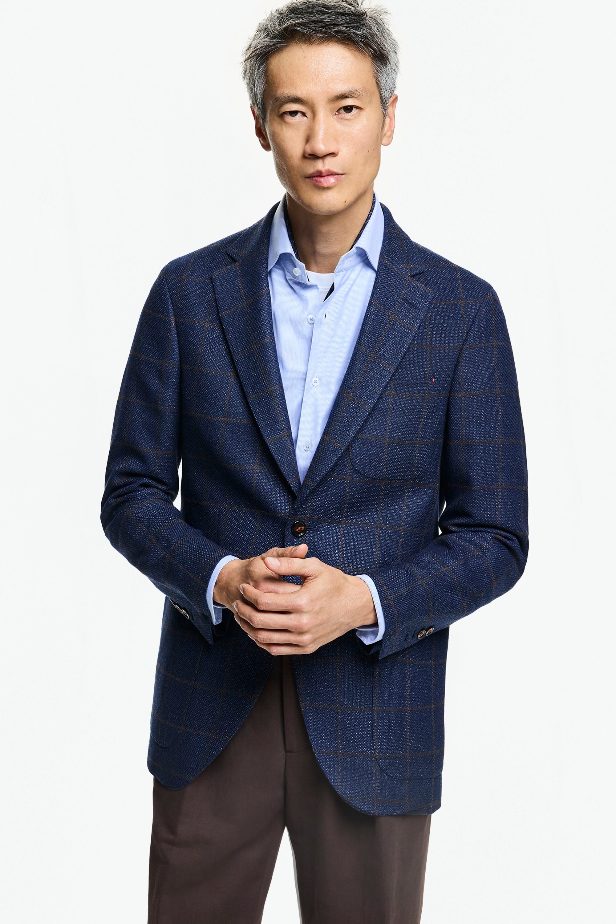 Windowpane Checkered Wool and Silk Relaxed Fit Blazer