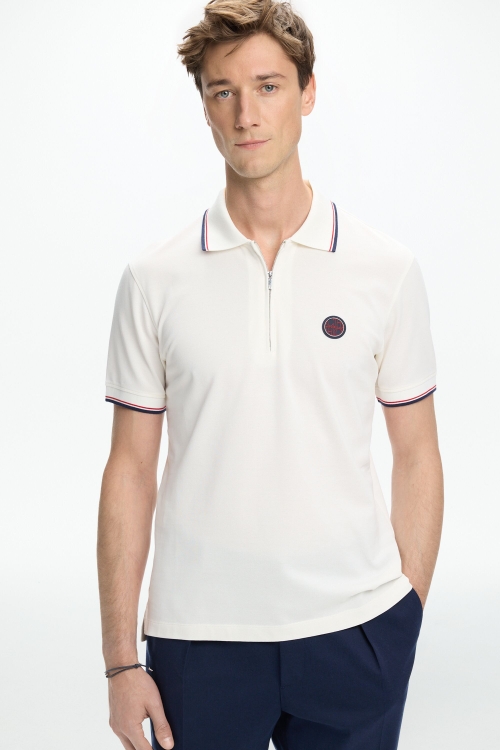 STRETCH-PIQUÉ HALF-ZIP POLO SHIRT