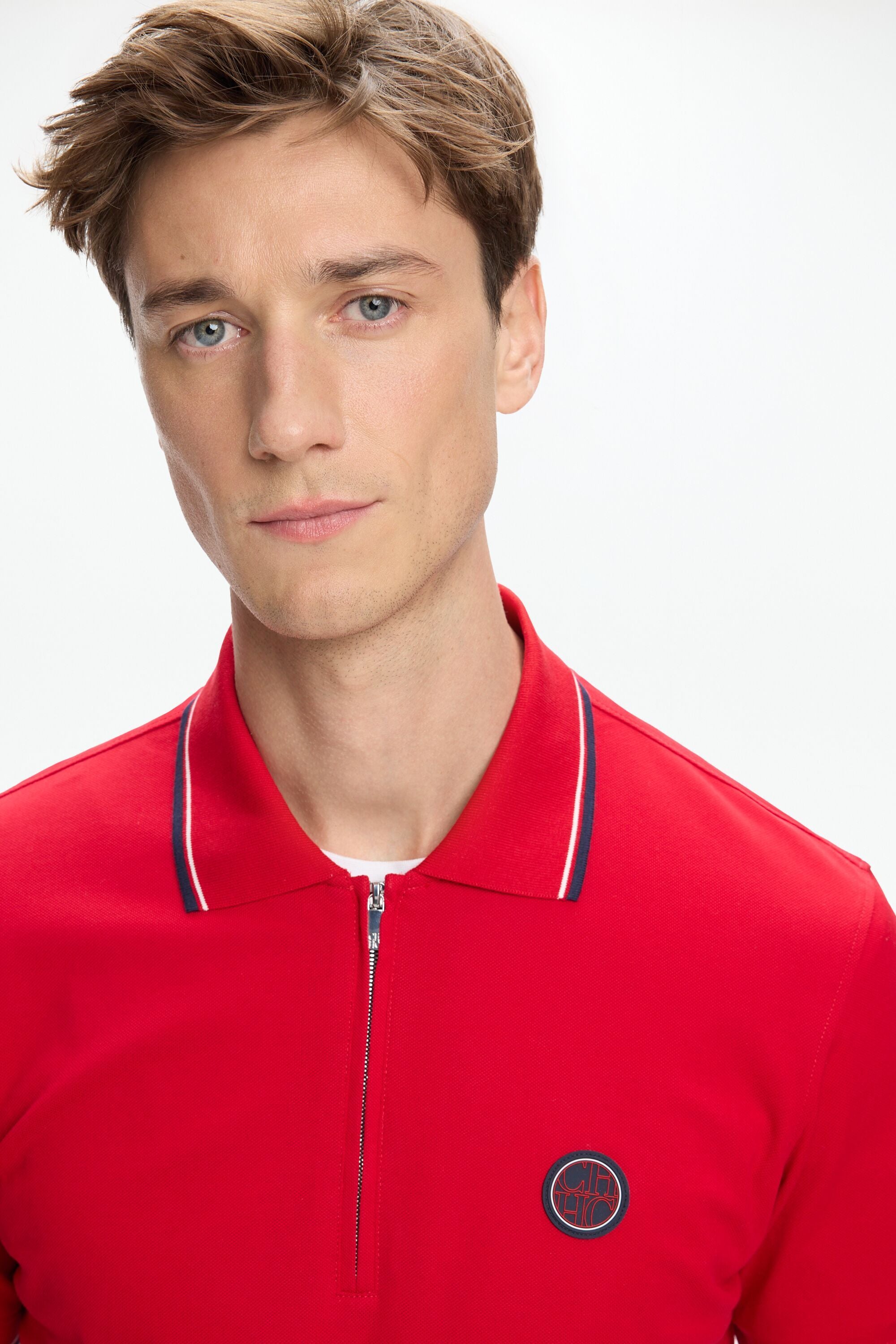 Stretch-Piqué Half-Zip Polo Shirt red - CH Carolina Herrera