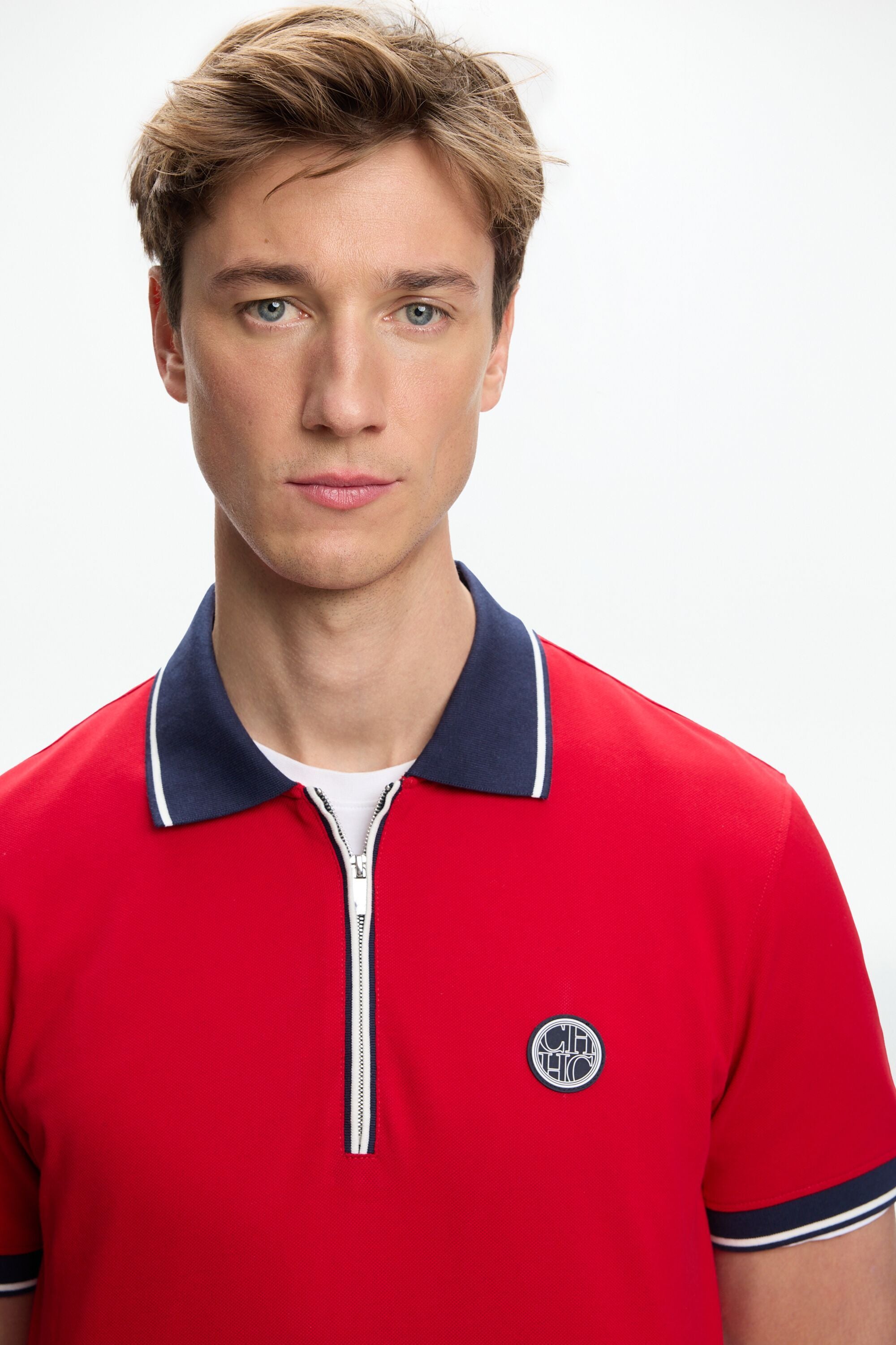 Stretch-Piqué Half-Zip Polo Shirt red - CH Carolina Herrera