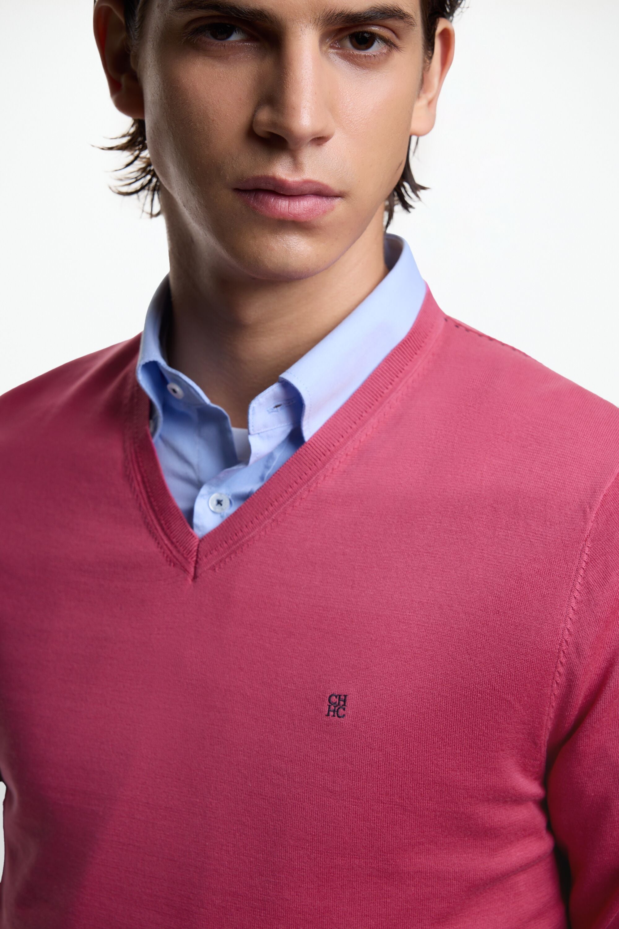 Gassed Cotton V-Neck Sweater geranium pink - CH Carolina