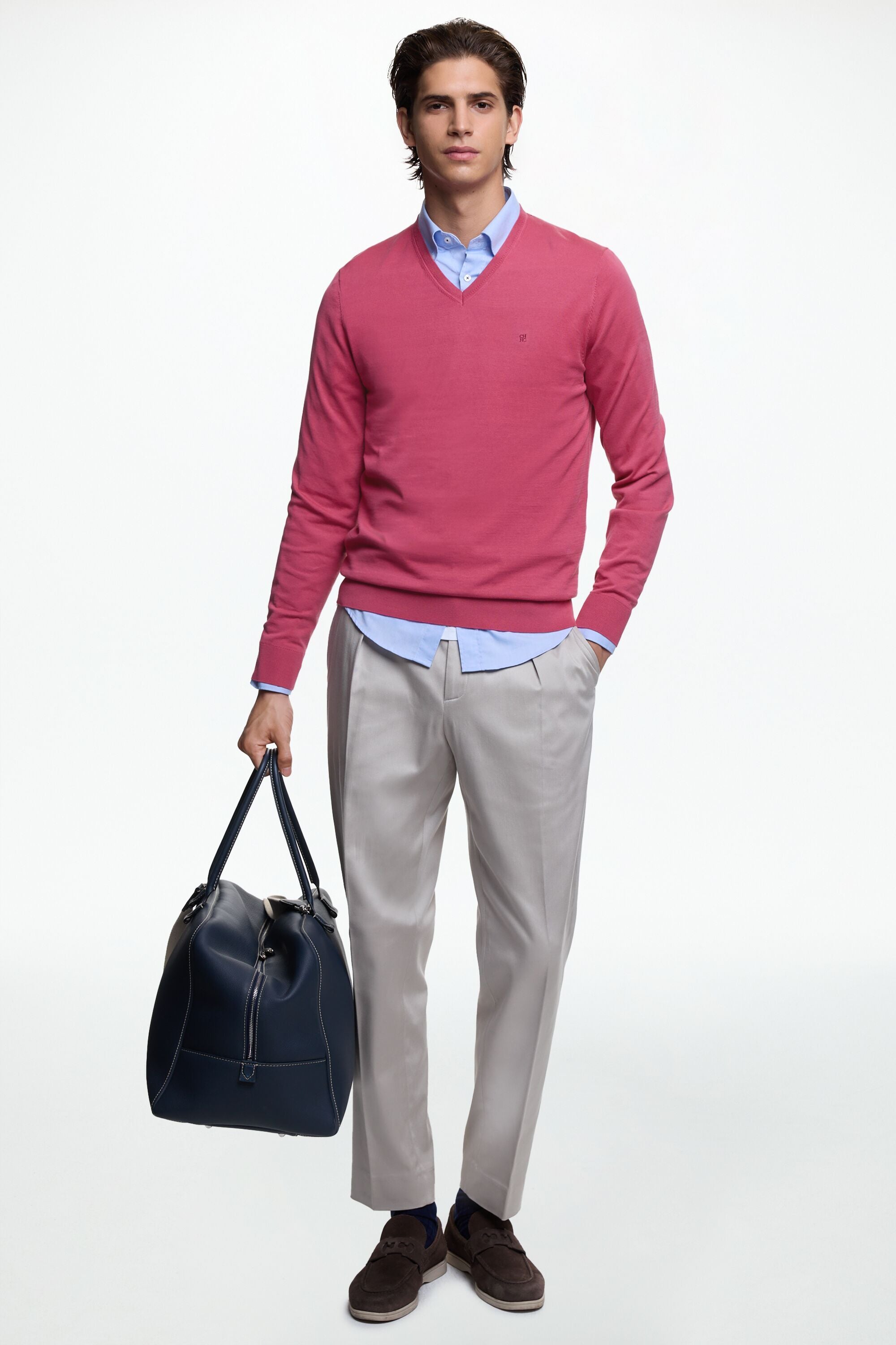 Gassed Cotton V-Neck Sweater geranium pink - CH Carolina