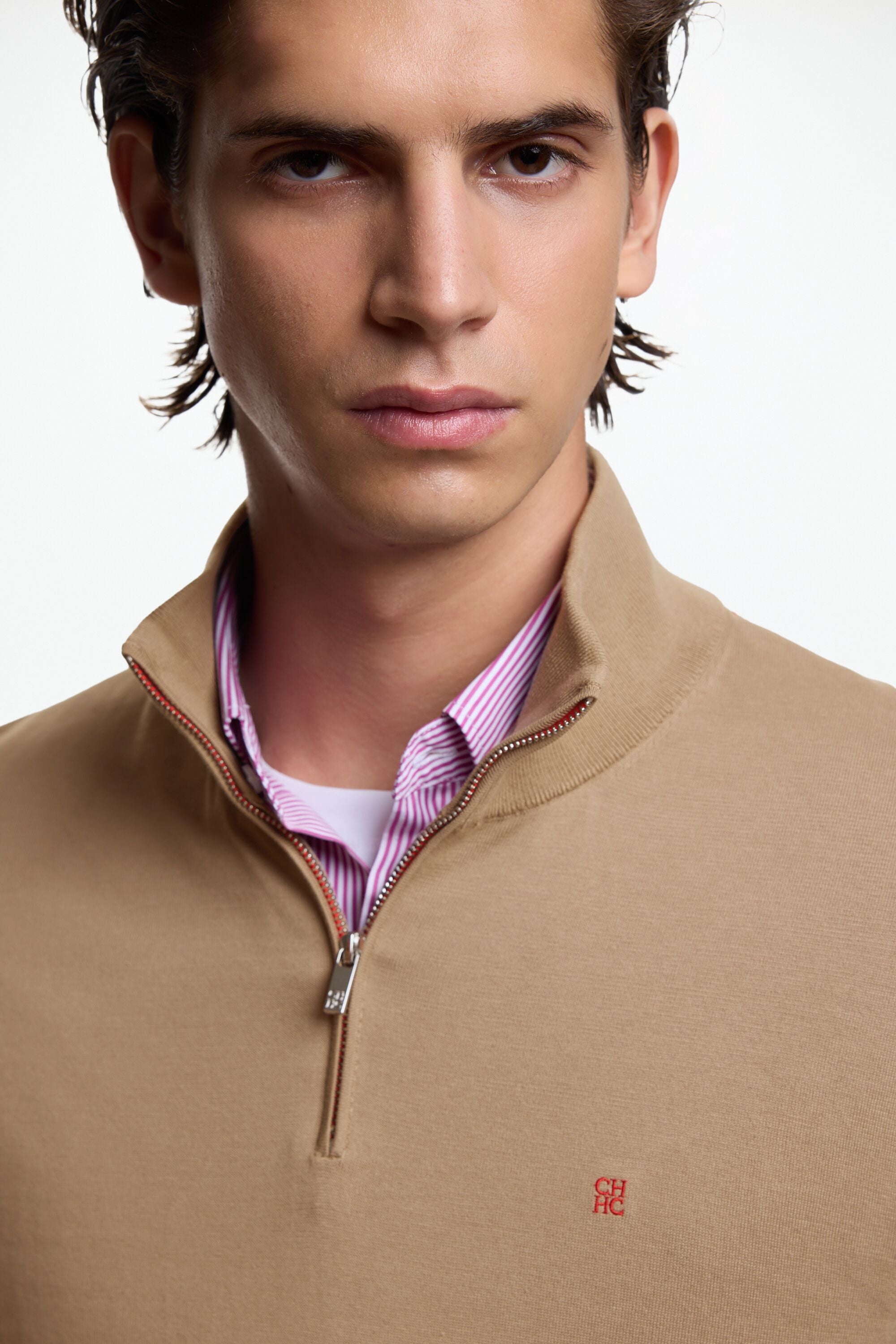 Gassed Cotton Half-Zip Sweater camel - CH Carolina Herrera