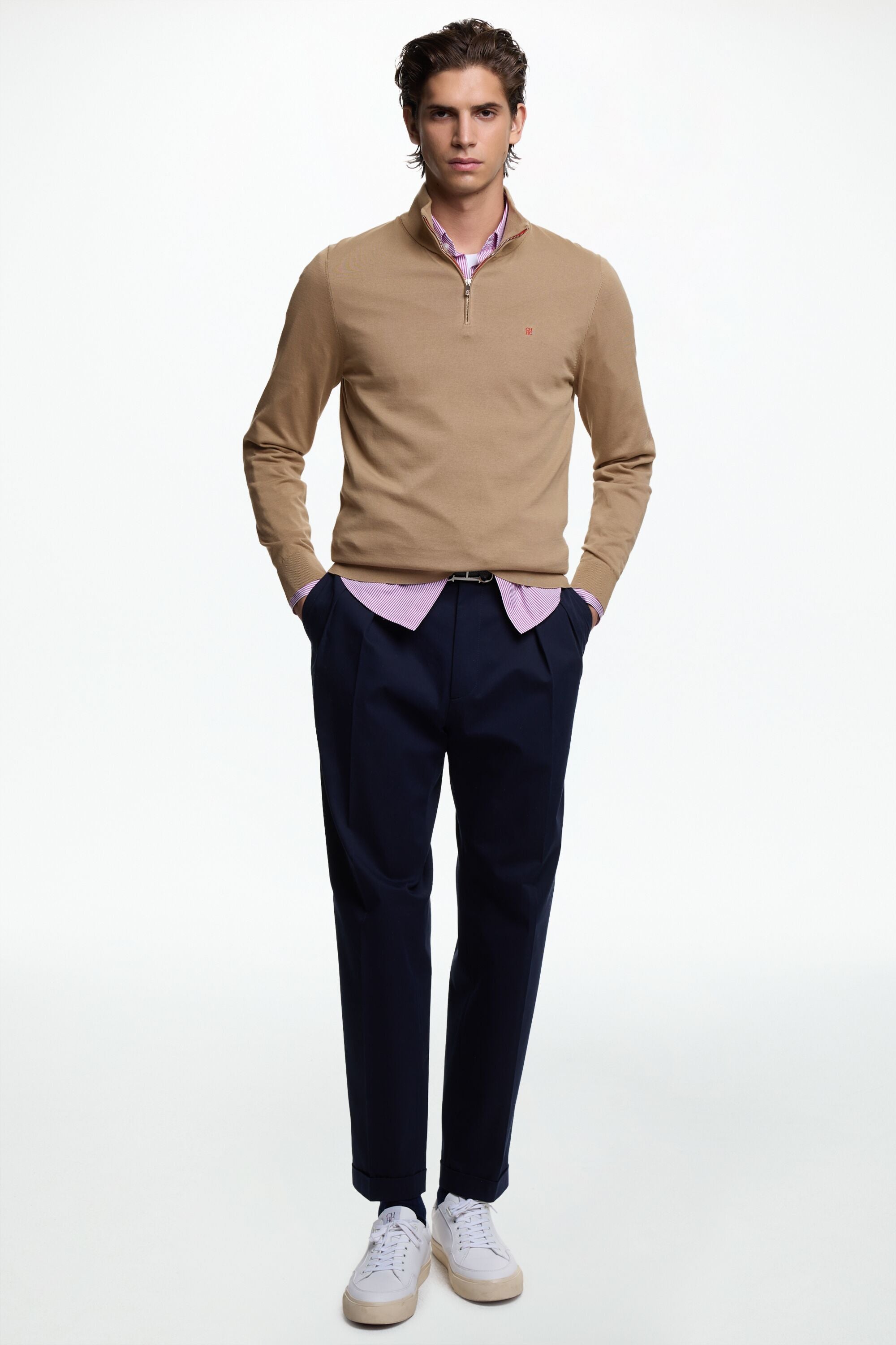 Gassed Cotton Half-Zip Sweater camel - CH Carolina Herrera