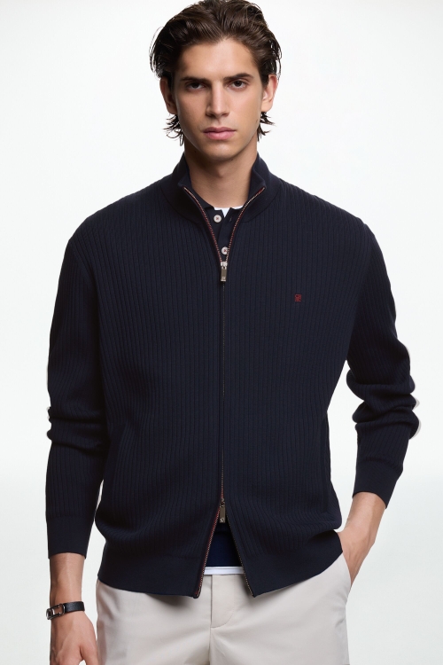 STAND COLLAR GASSED COTTON CARDIGAN