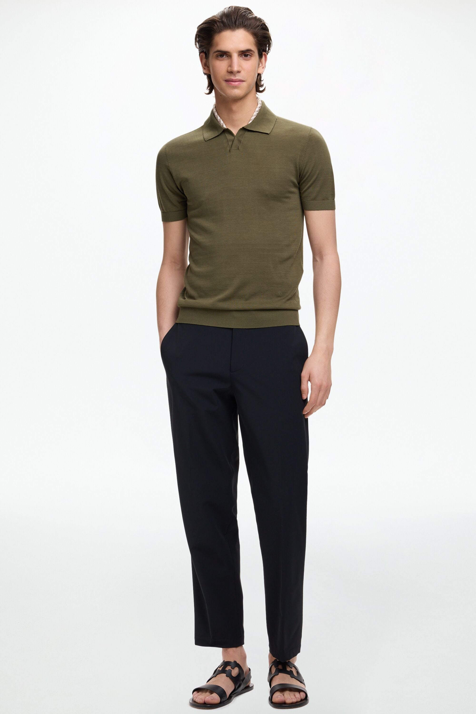 Open Collar Silk Knit Polo Shirt khaki - CH Carolina Herrera