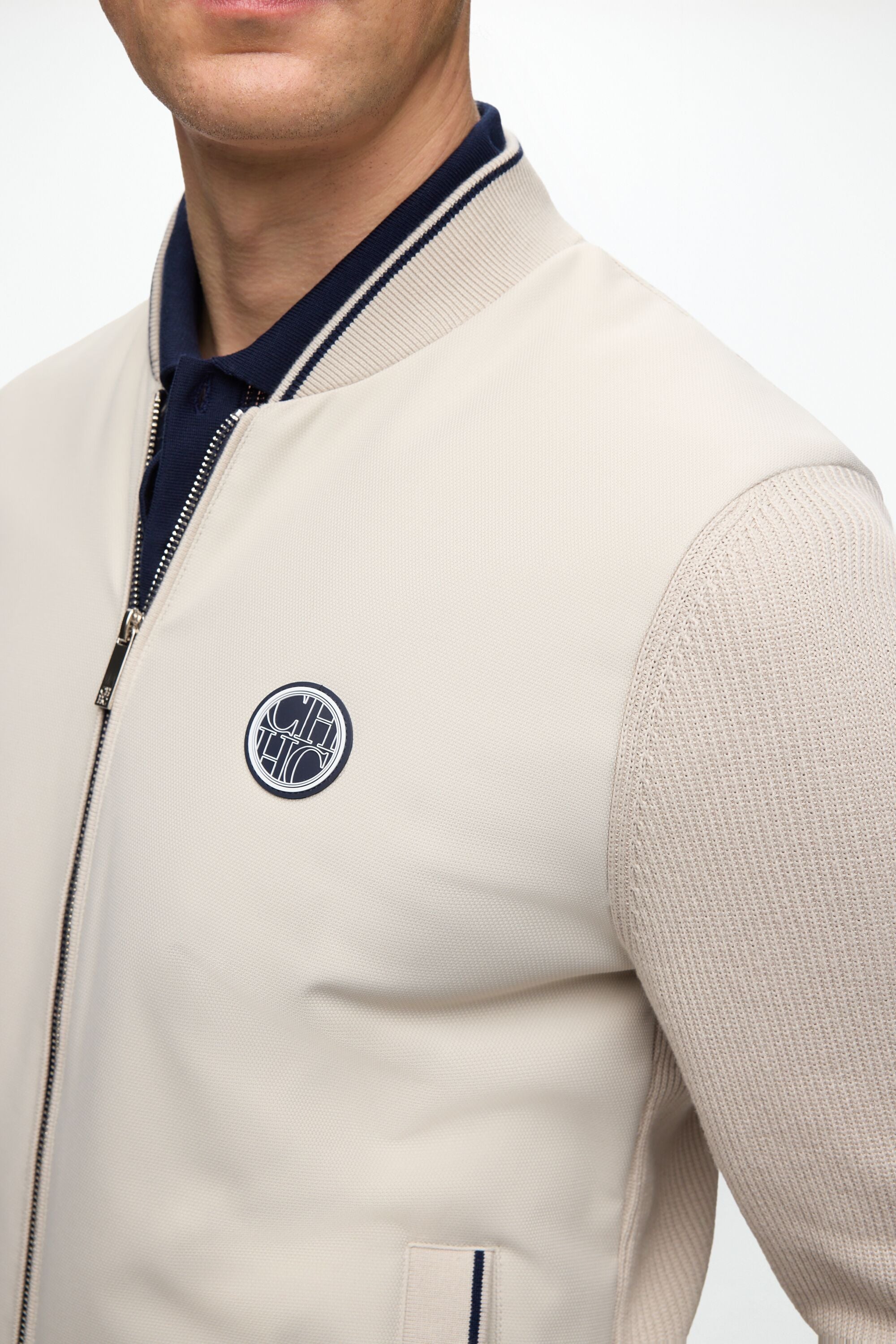 Knit and Textured Nylon Bomber Jacket stone - CH Carolina Knit and Textured Nylon Bomber Jacket stone - CH Carolina