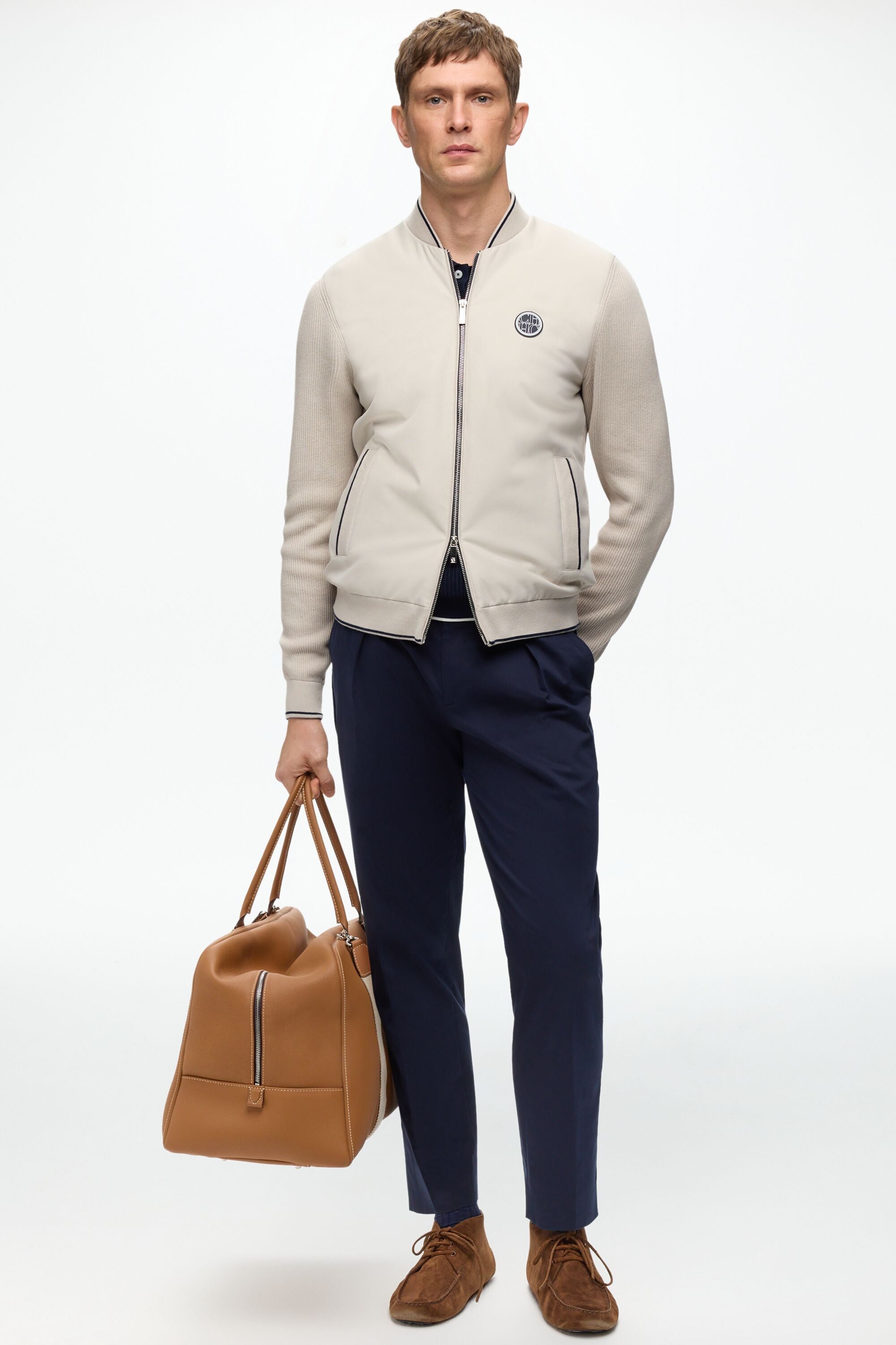 Knit and Textured Nylon Bomber Jacket stone - CH Carolina Knit and Textured Nylon Bomber Jacket stone - CH Carolina