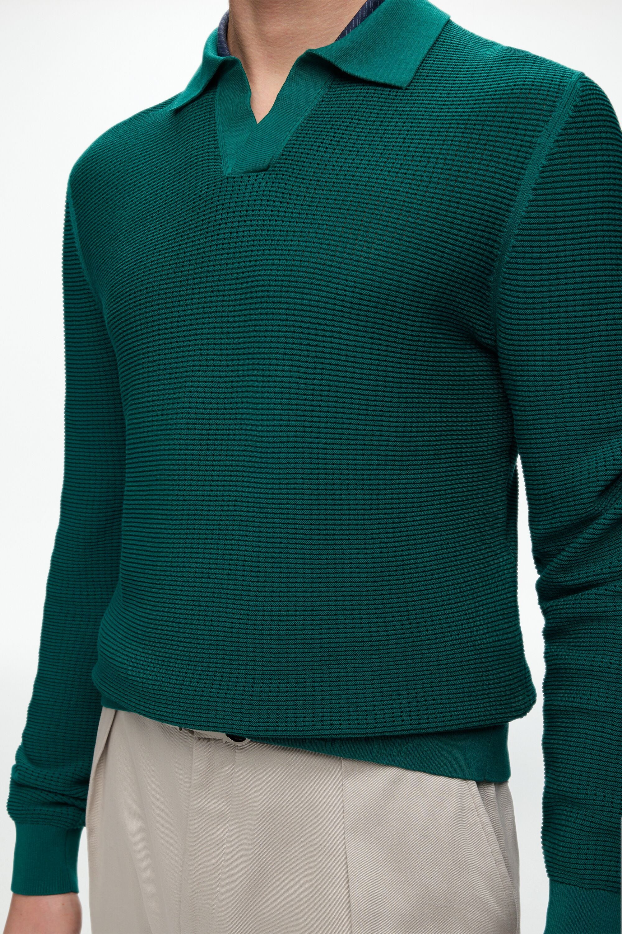 Open Collar Textured Knit Polo Shirt green - CH Carolina