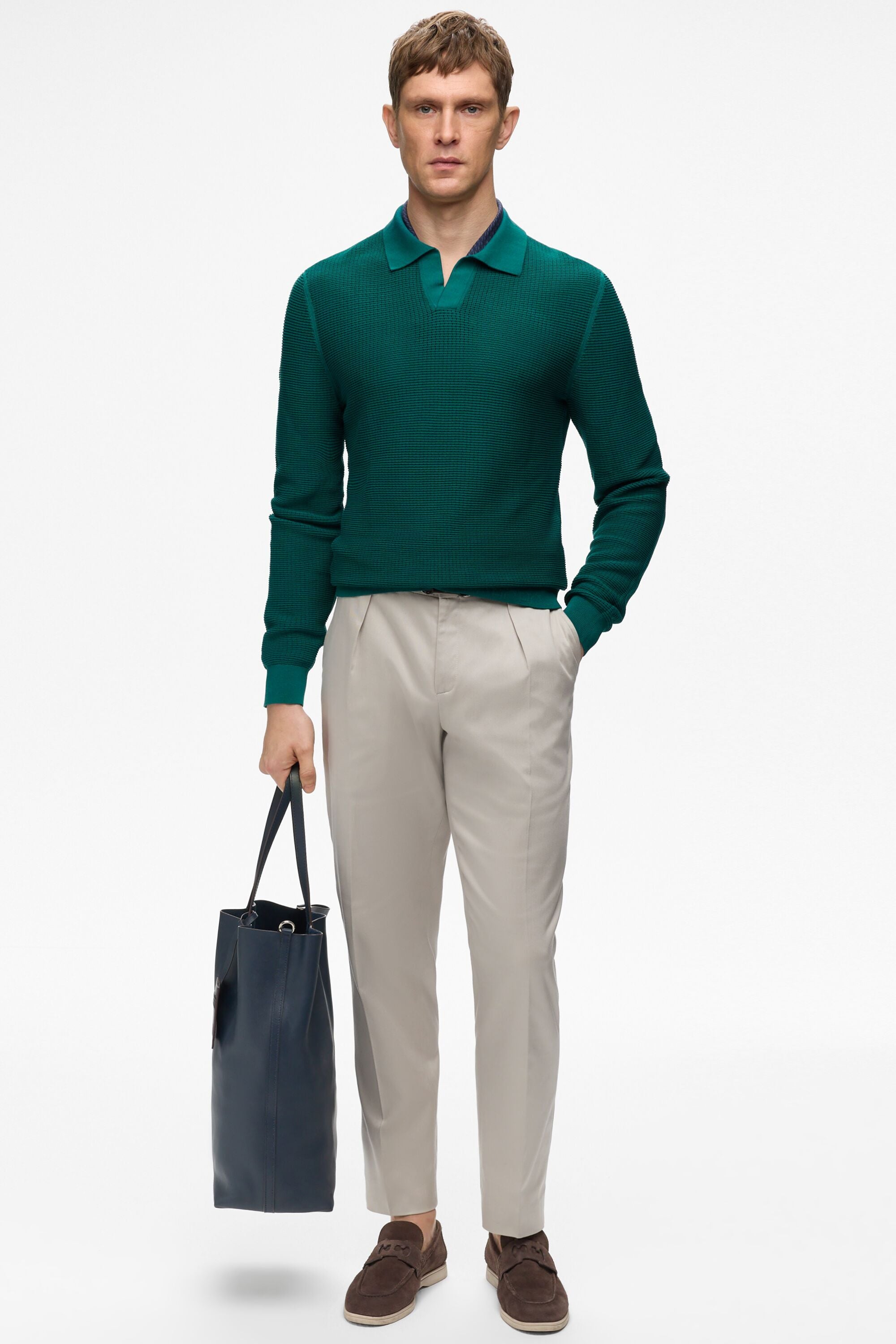 Open Collar Textured Knit Polo Shirt green - CH Carolina