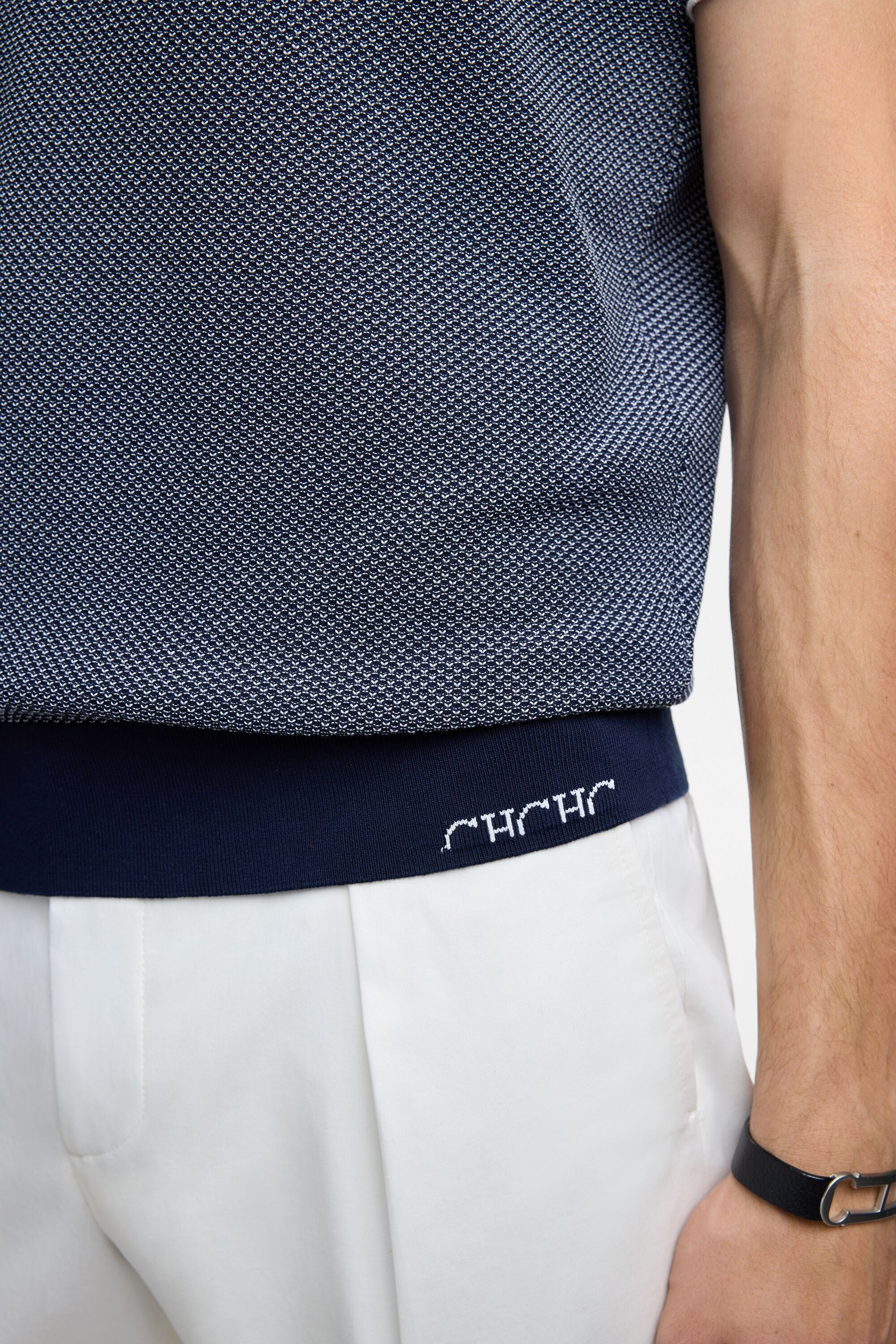 Open Collar Jacquard Knit Polo Shirt navy/ecru - CH Carolina