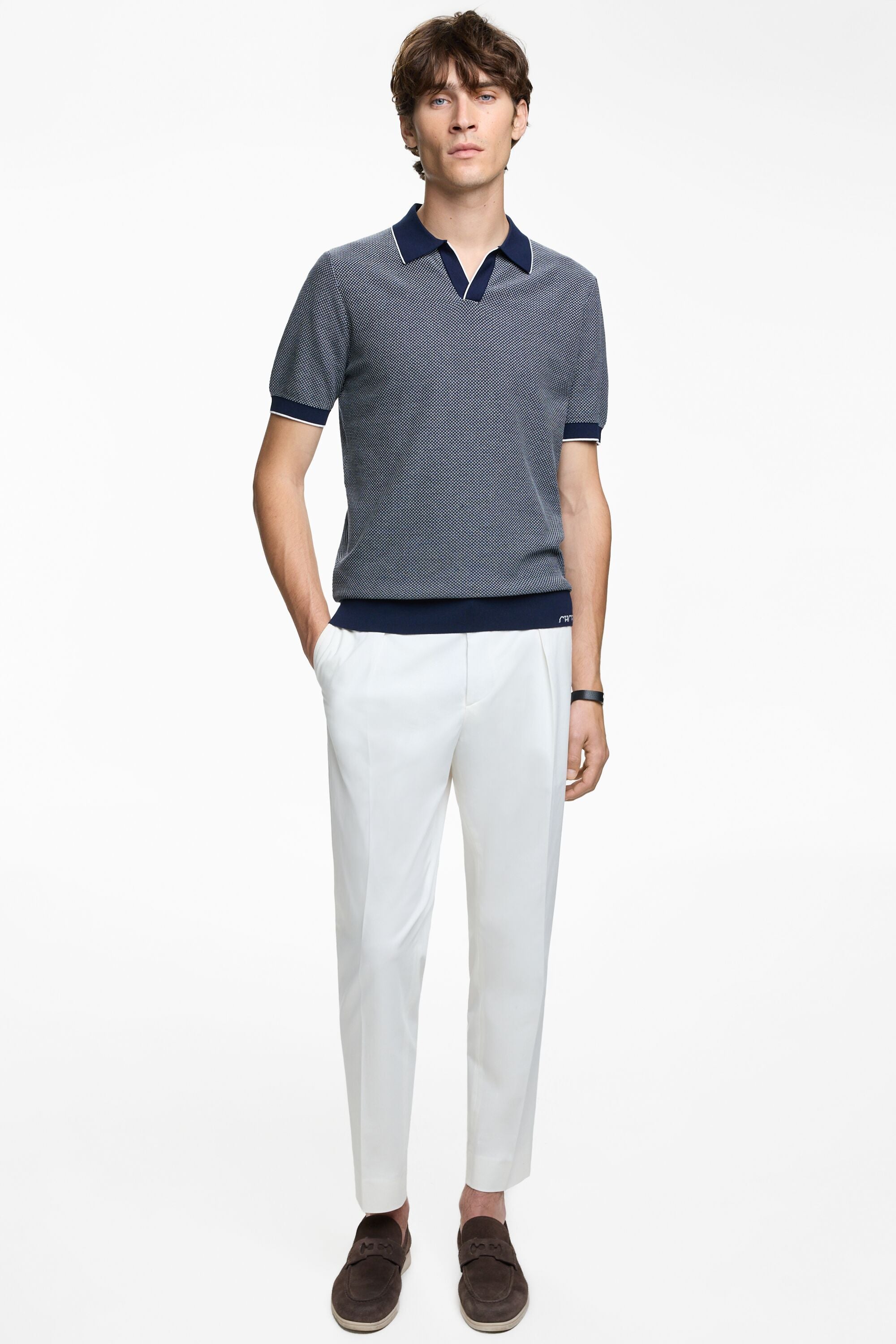 Open Collar Jacquard Knit Polo Shirt navy/ecru - CH Carolina