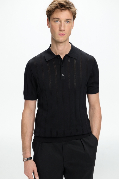 POINTELLE STRIPED KNIT POLO SHIRT