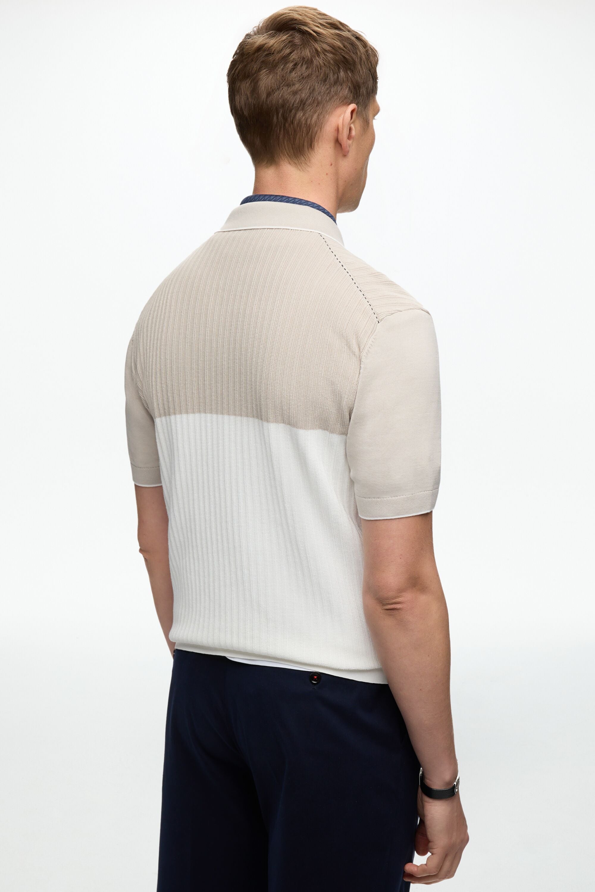 Open Collar Textured Knit Polo Shirt ecru/stone - CH