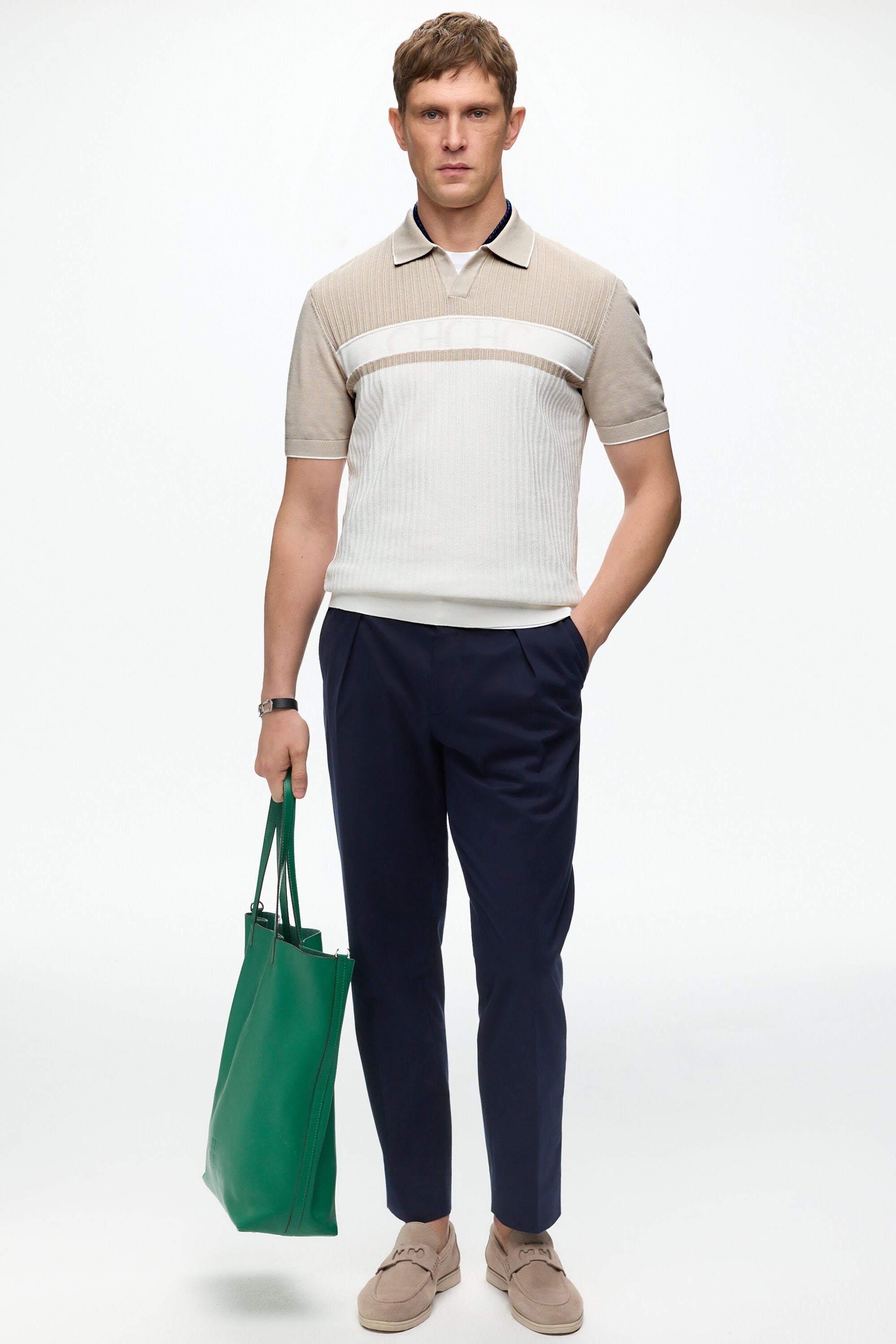 Open Collar Textured Knit Polo Shirt ecru/stone - CH