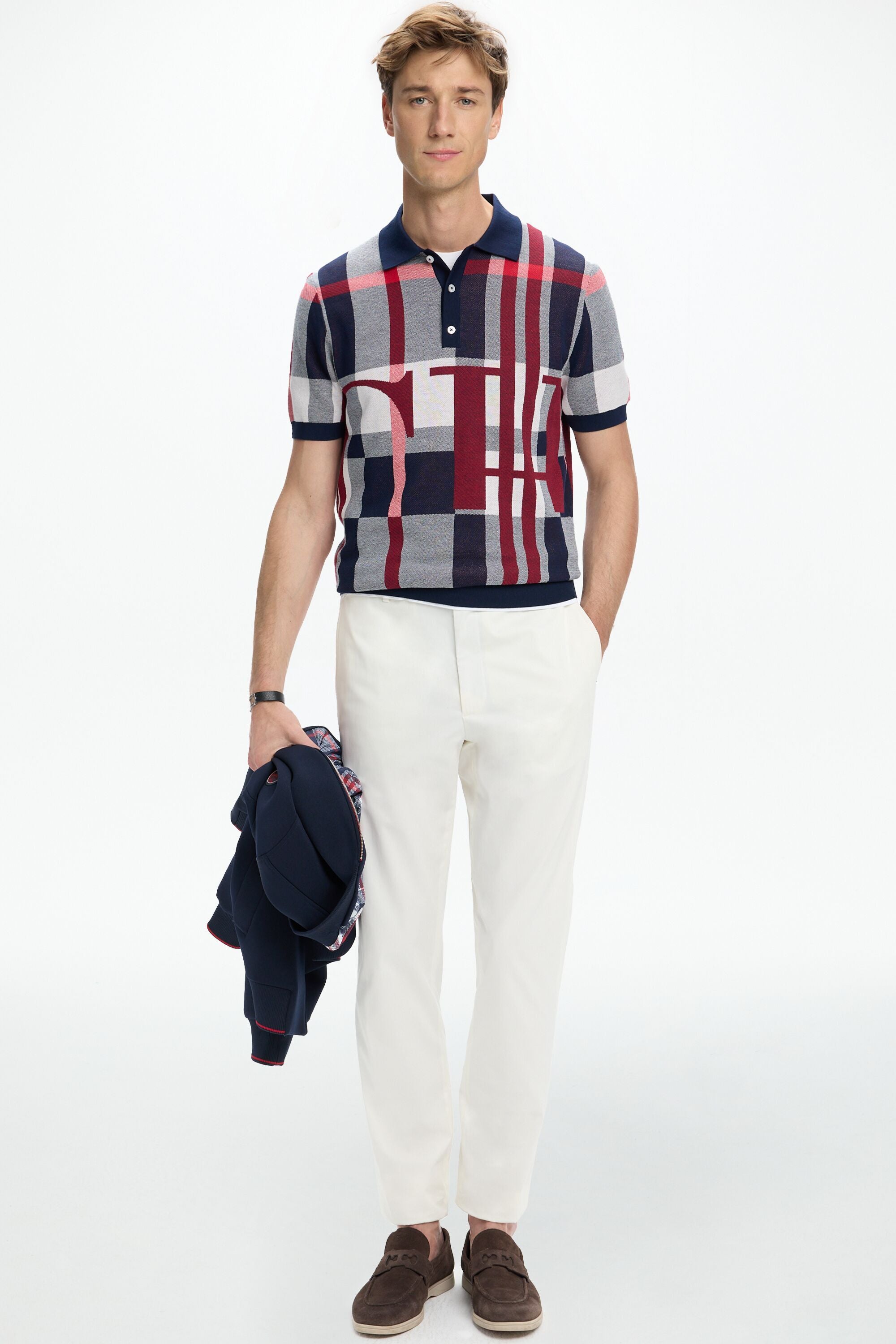 CHartan Jacquard Knit Polo Shirt navy/red/ecru - CH Carolina
