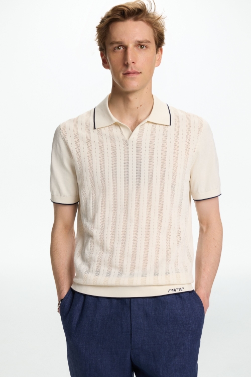 STRIPED OPEN COLLAR GASSED COTTON KNIT POLO SHIRT