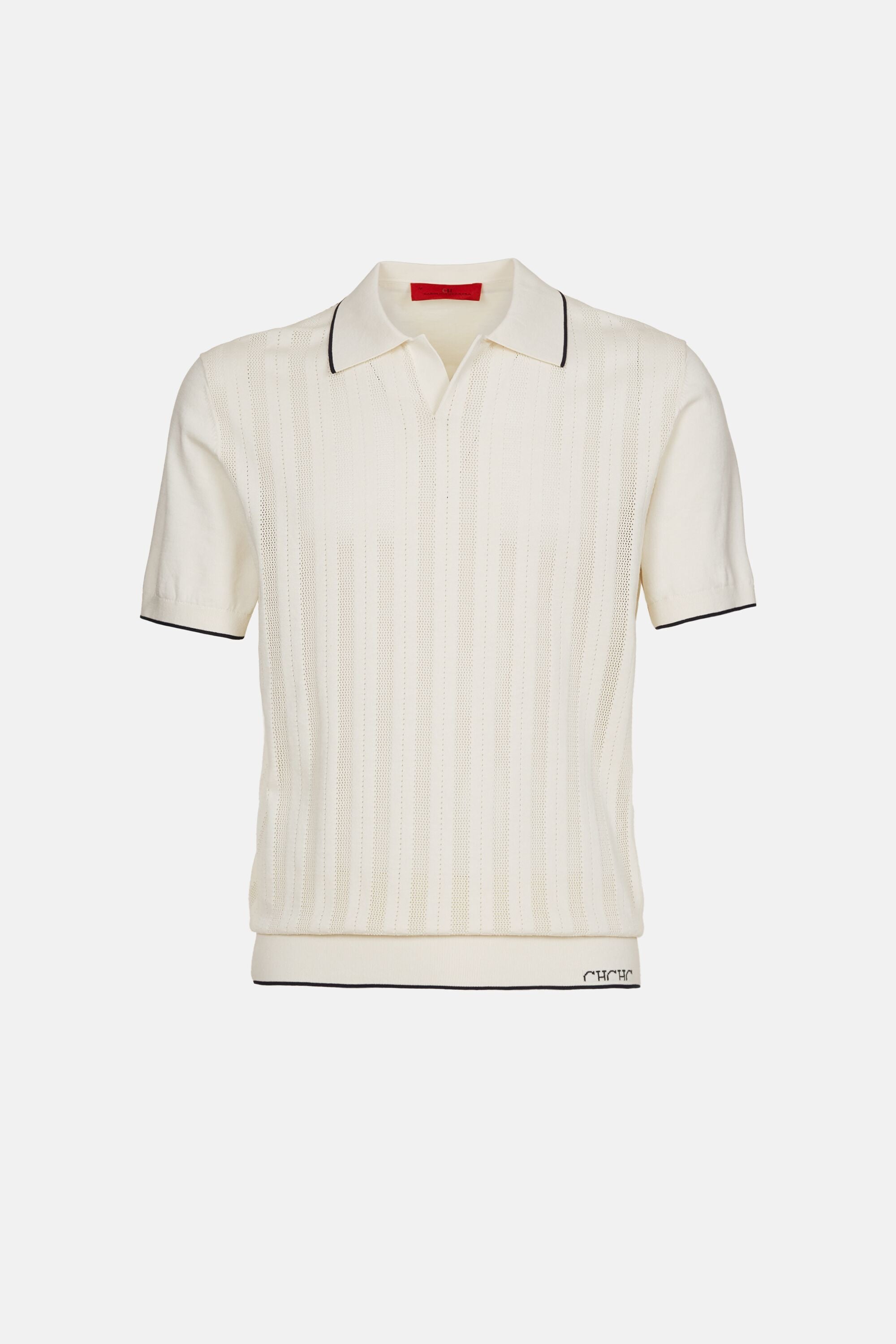 Striped Open Collar Gassed Cotton Knit Polo Shirt ecru - CH