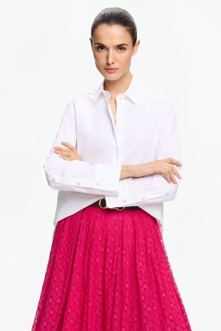 Pearl-Detailed Poplin A-Line White Shirt