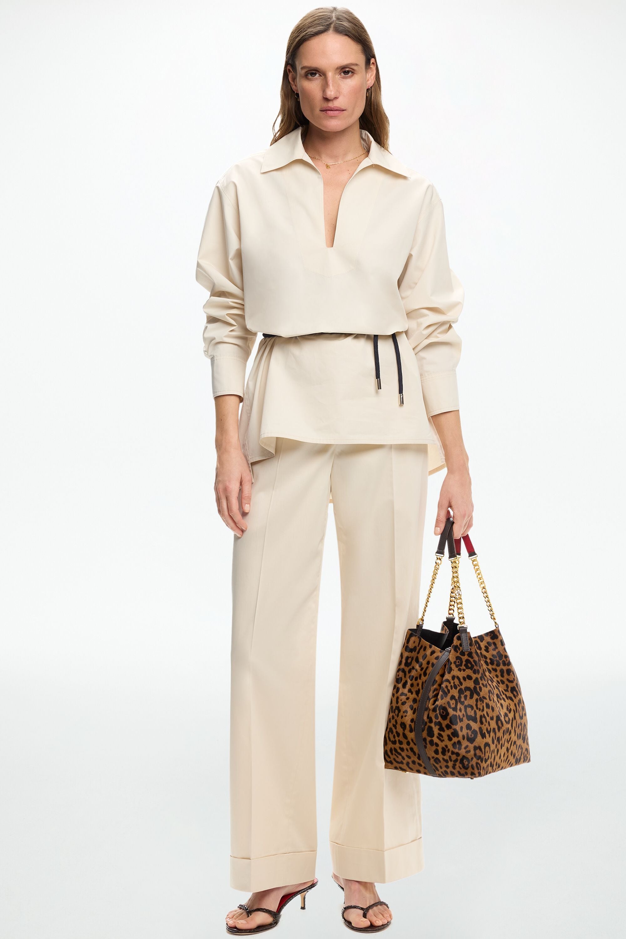 Belt-Detailed Poplin Oversize Shirt beige - CH Carolina
