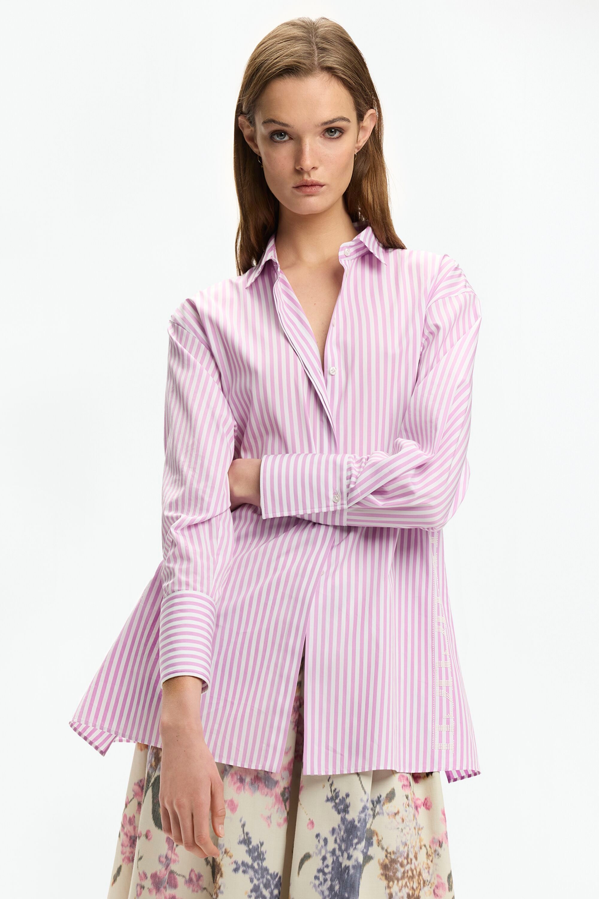 Striped Poplin A-Line Shirt with Pearls