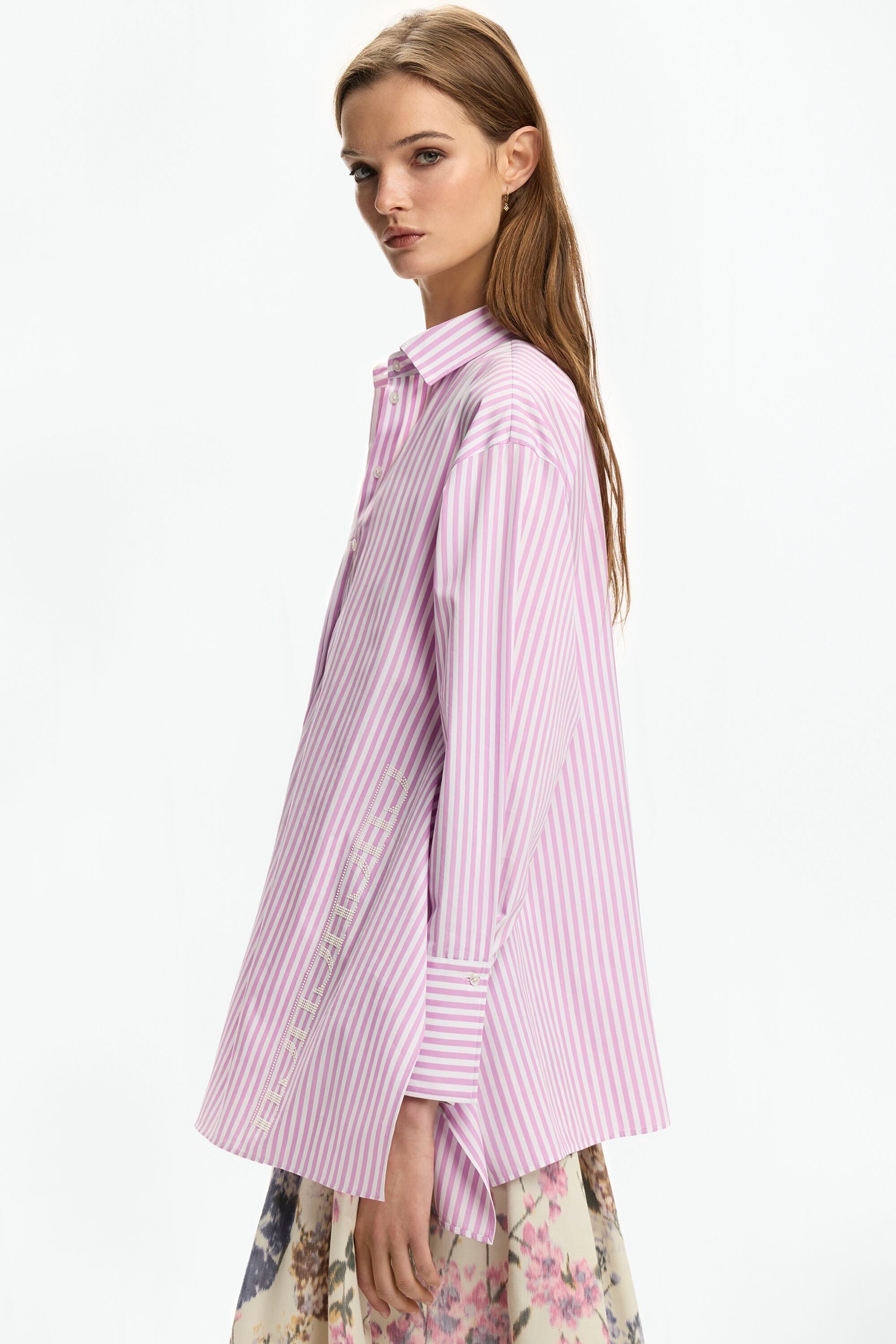 Striped Poplin A-Line Shirt with Pearls white/pink - CH