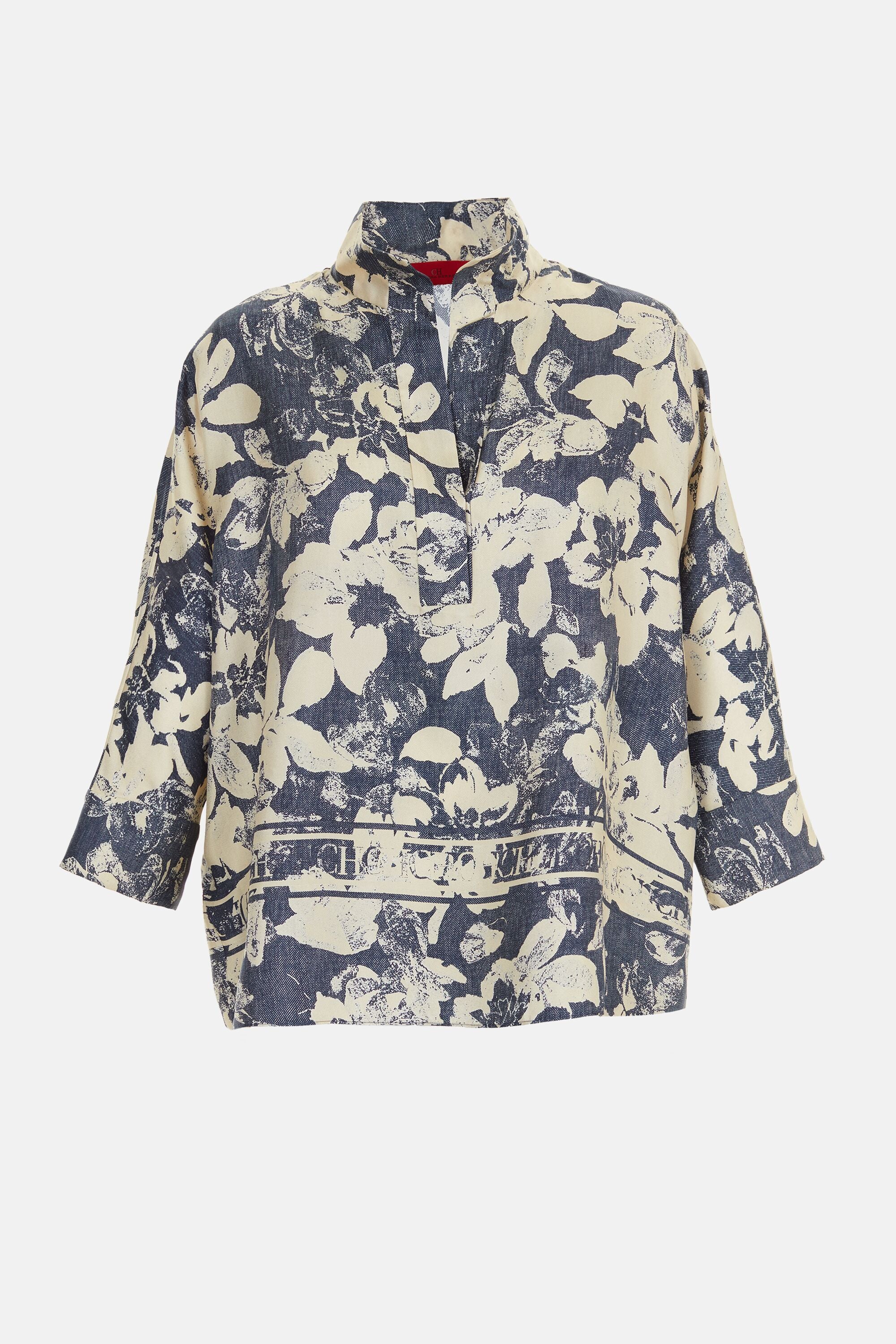 Print Silk Twill Oversize Top blue/beige - CH Carolina Print Silk Twill Oversize Top blue/beige - CH Carolina