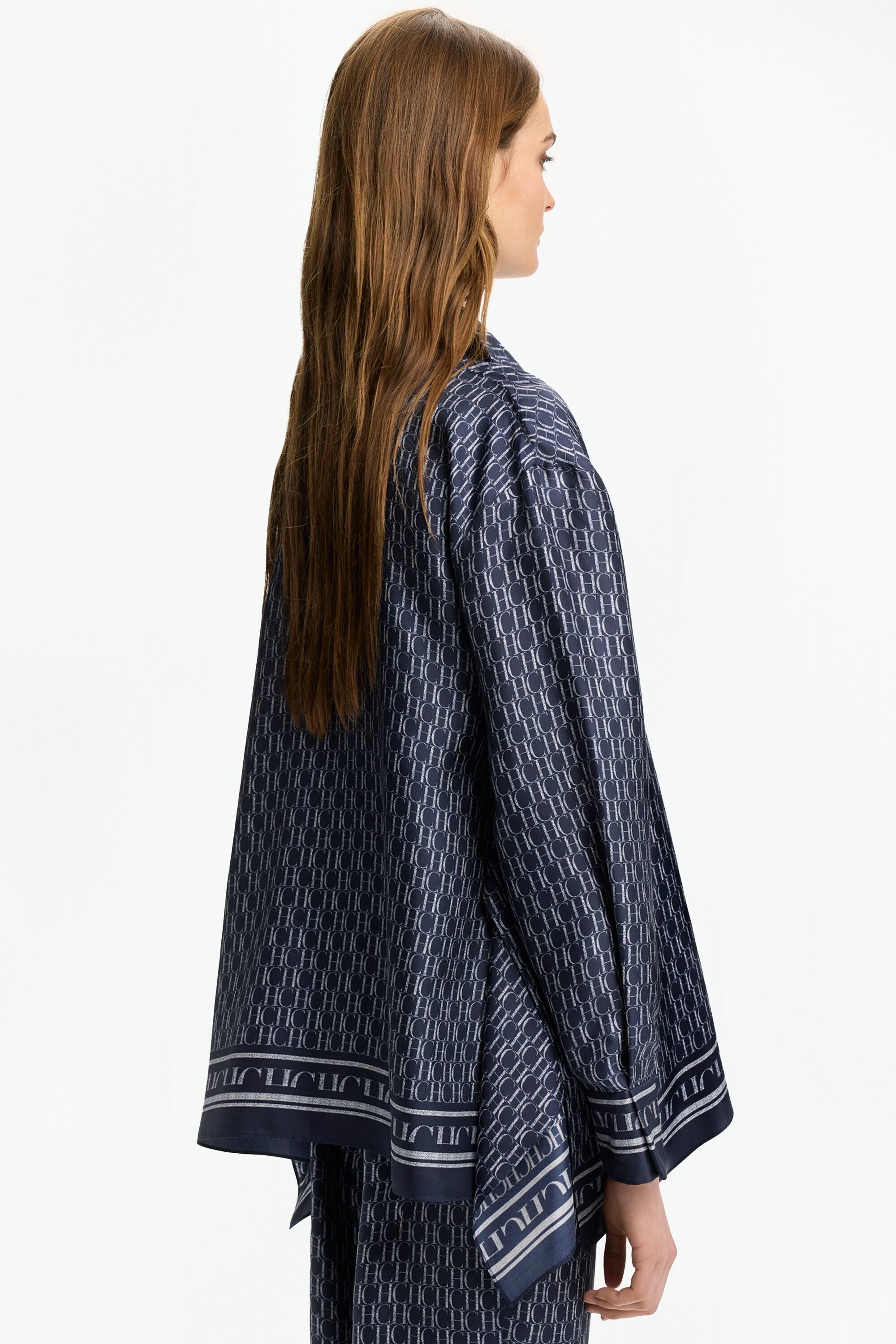 Print Silk Twill A-Line Shirt navy/ecru - CH Carolina
