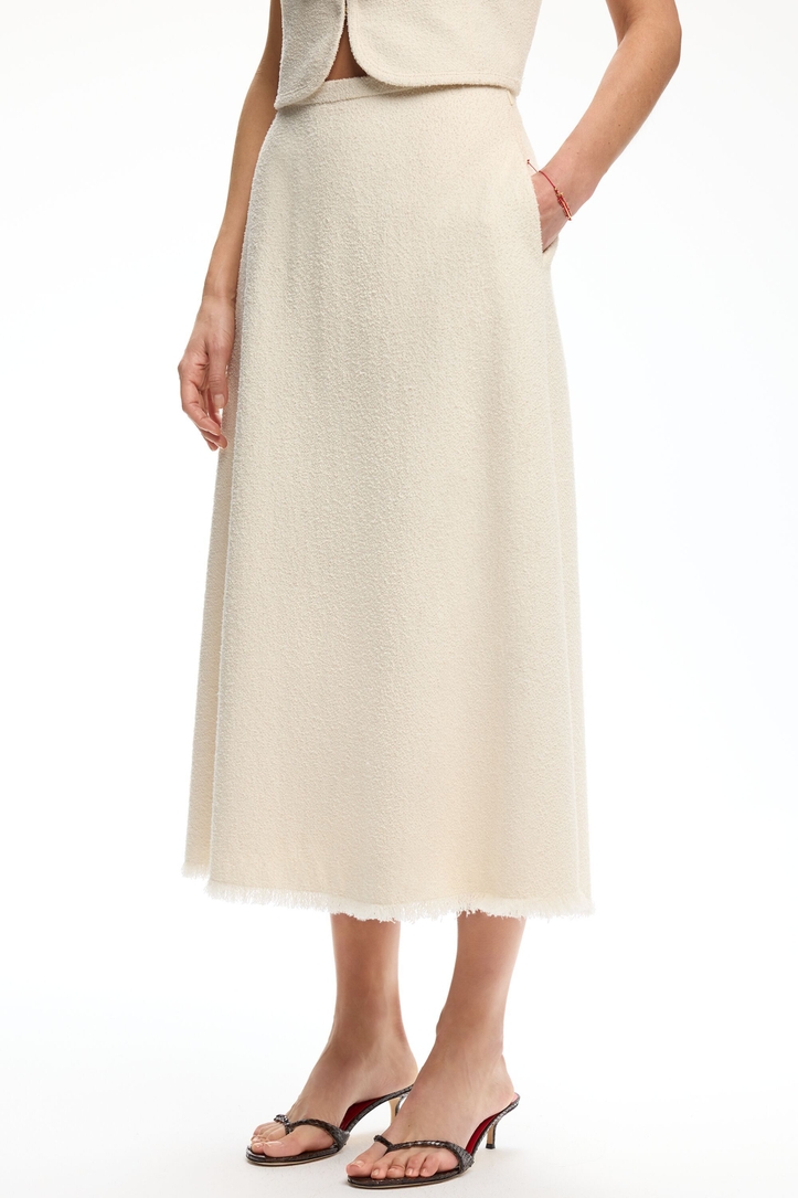 Frayed Bouclé Tweed Midi Skirt