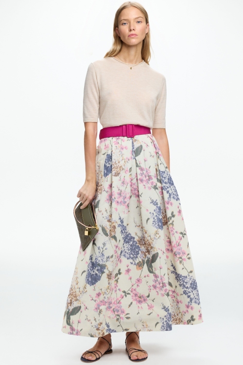 BELT-DETAILED PRINT COTTON MIDI SKIRT