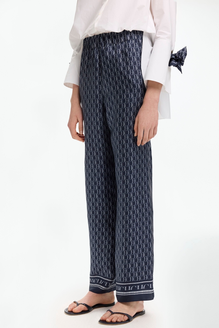 Print Silk Twill Straight-Leg Pants