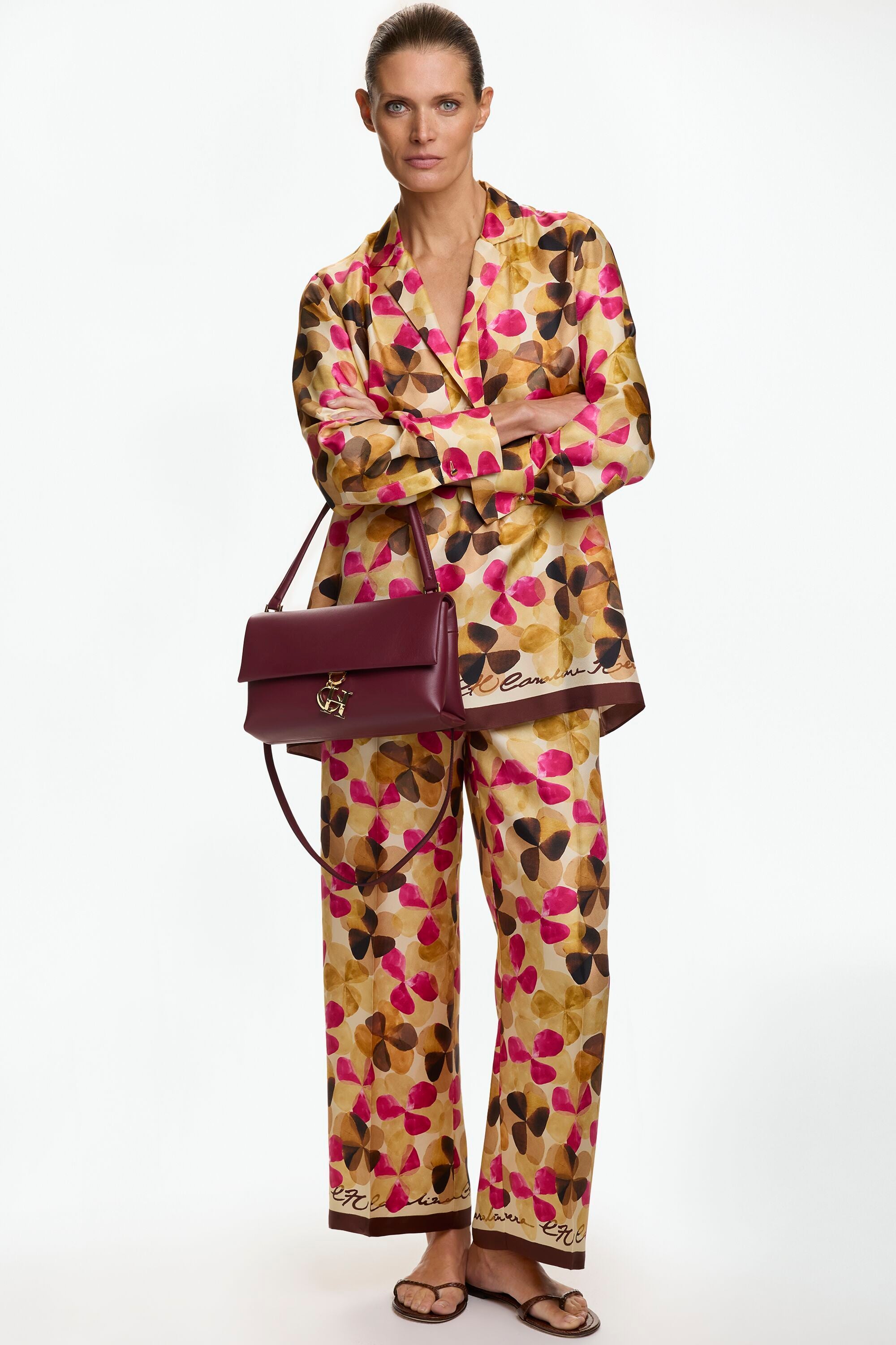 Jasmine Print Silk Twill Pyjama-Style Pants pink/brown - CH