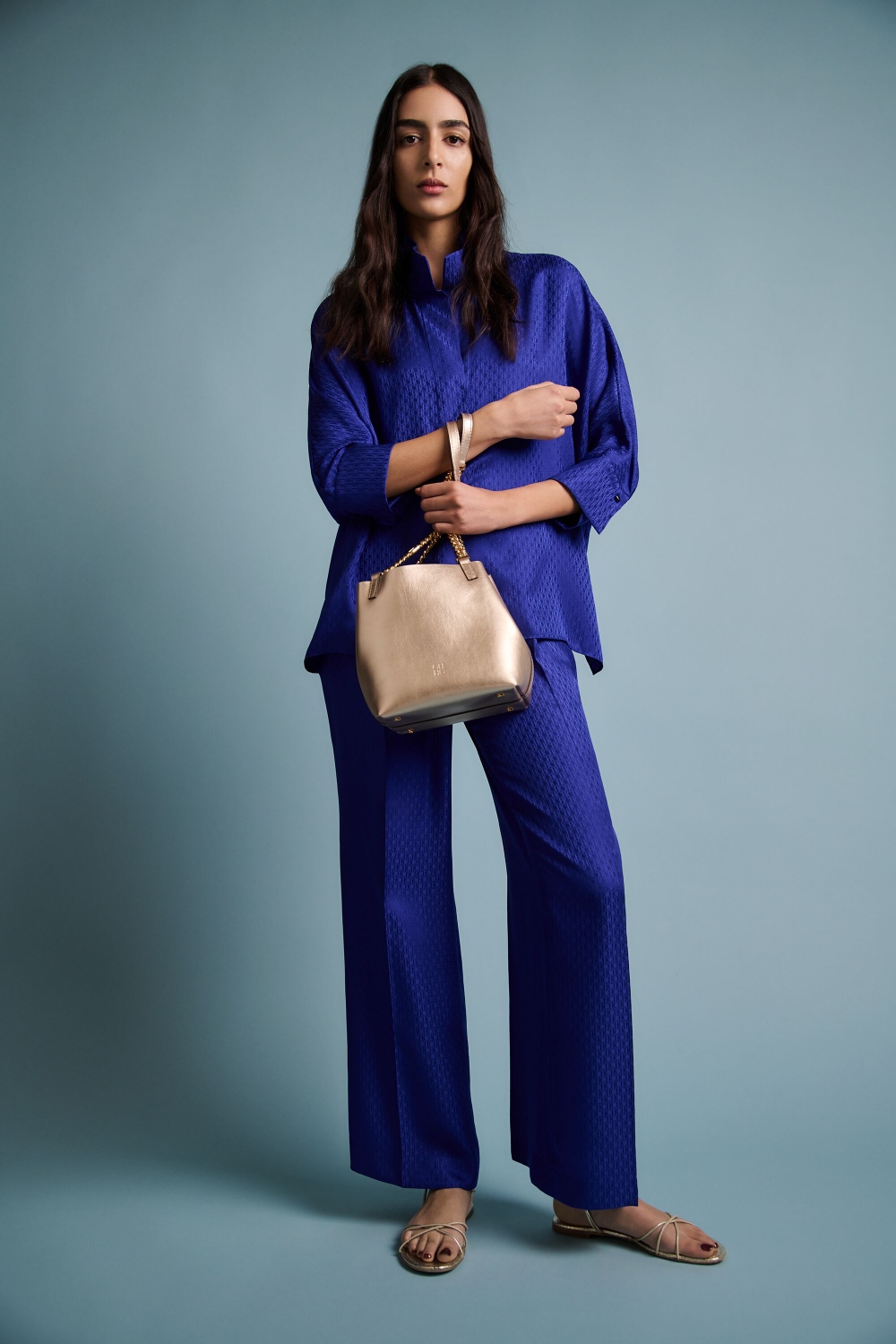 PRINT JACQUARD CREPE DE CHINE STRAIGHT-LEG PANTS